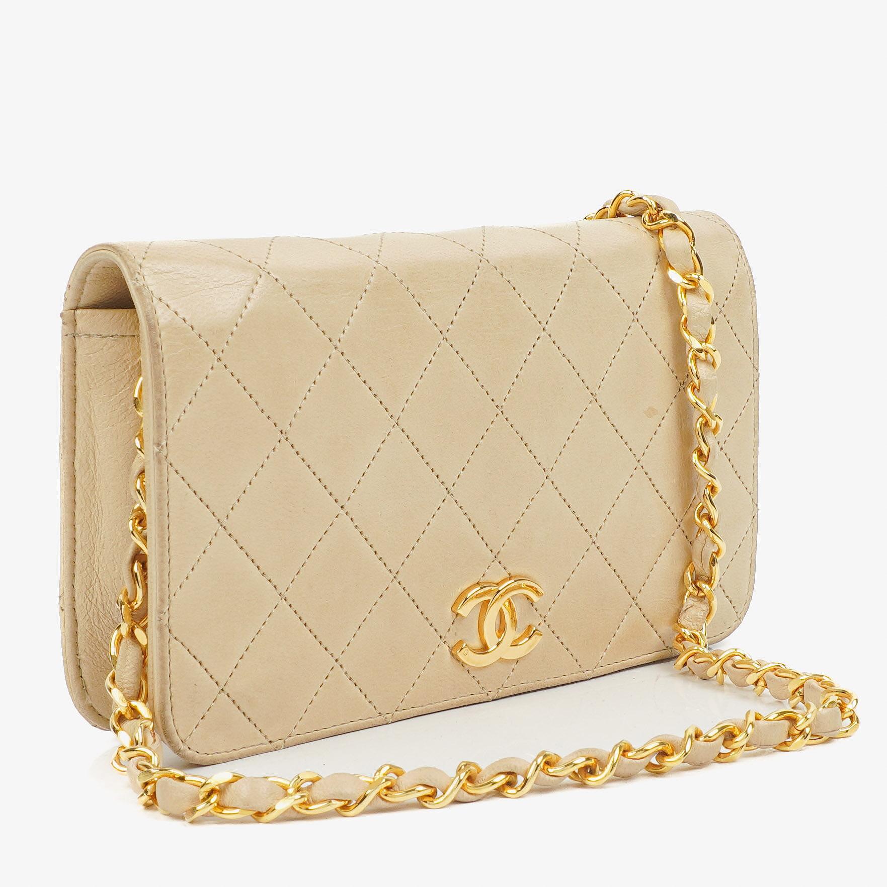 Chanel Mini Classic Beige Quilted Lambskin Full Flap Wallet On Chain WOC With 24K Gold-Plated Hardware