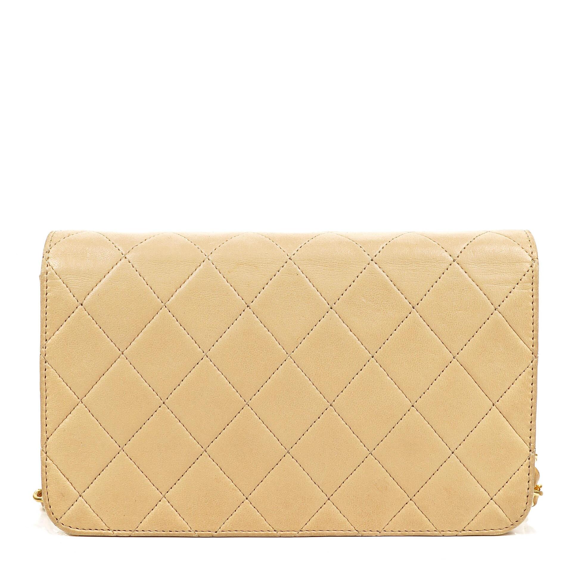 Chanel Mini Classic Biege Quilted Lambskin Full Flap Wallet On Chain WOC With 24K Gold-Plated Hardware