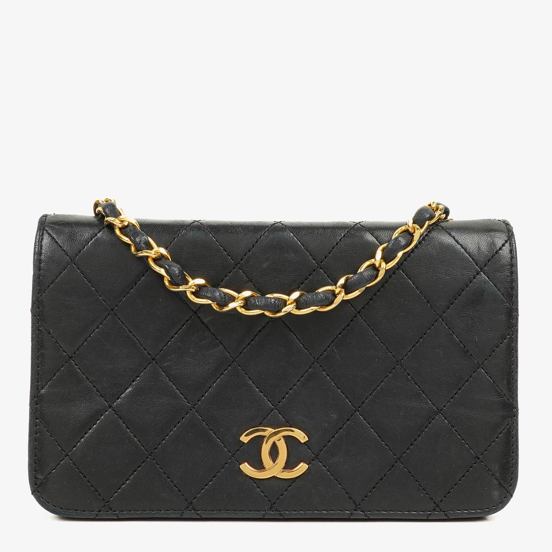 Chanel Mini Classic Black Quilted Lambskin Full Flap Wallet On Chain WOC With 24K Gold-Plated Hardware