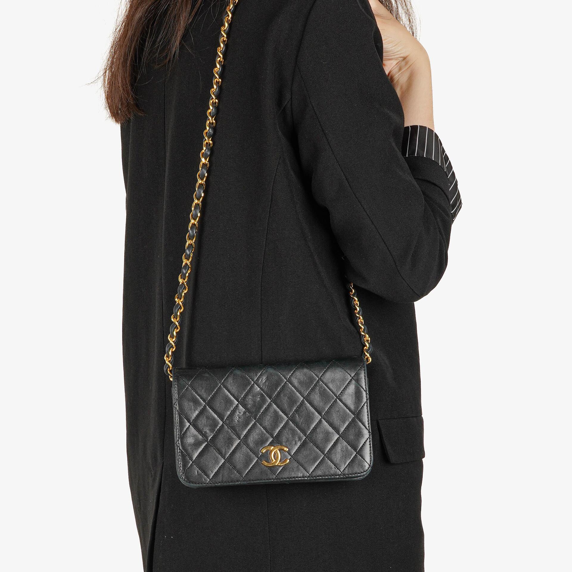 Chanel Mini Classic Black Quilted Lambskin Full Flap Wallet On Chain WOC With 24K Gold-Plated Hardware