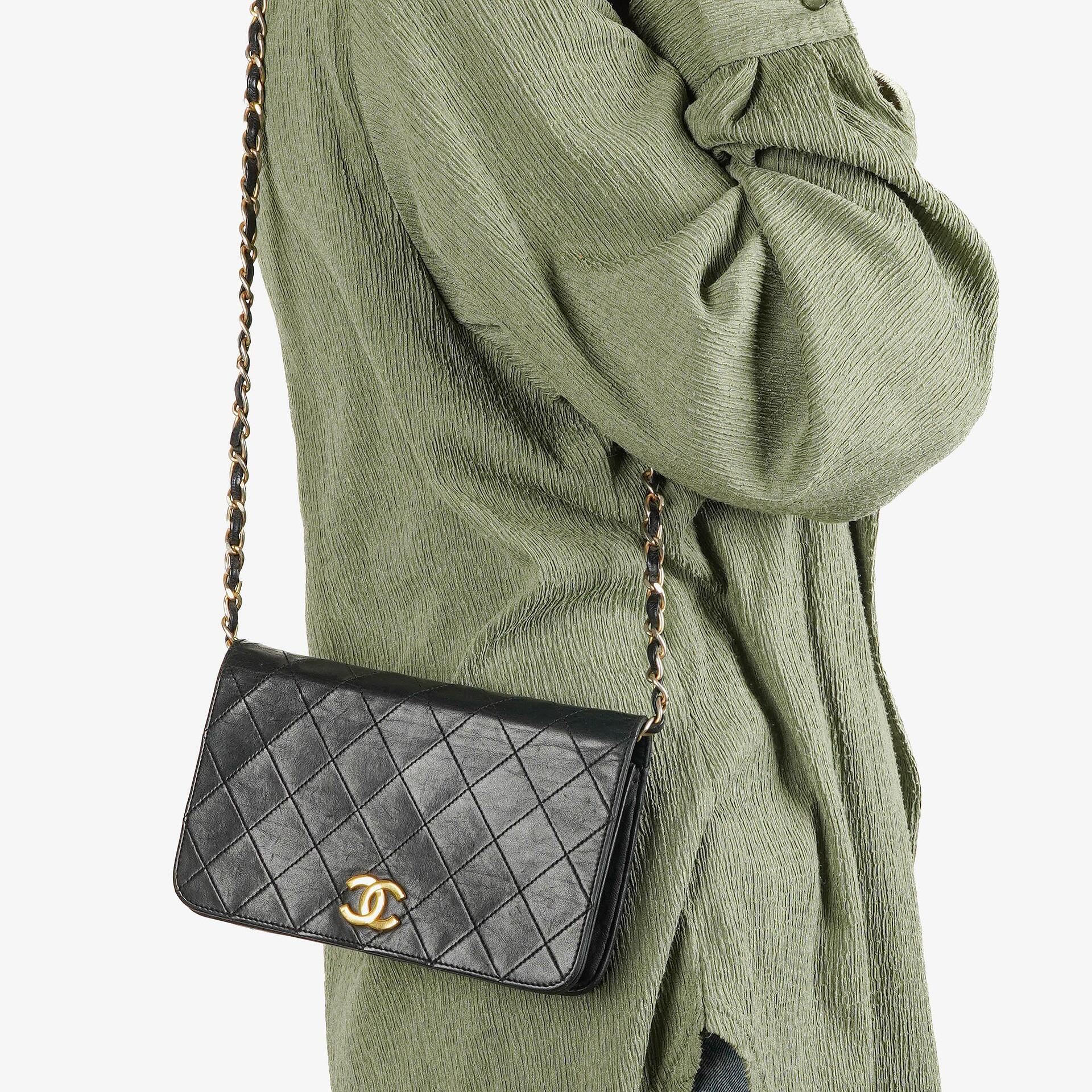 Chanel Mini Classic Black Quilted Lambskin Full Flap Wallet On Chain WOC With 24K Gold-Plated Hardware