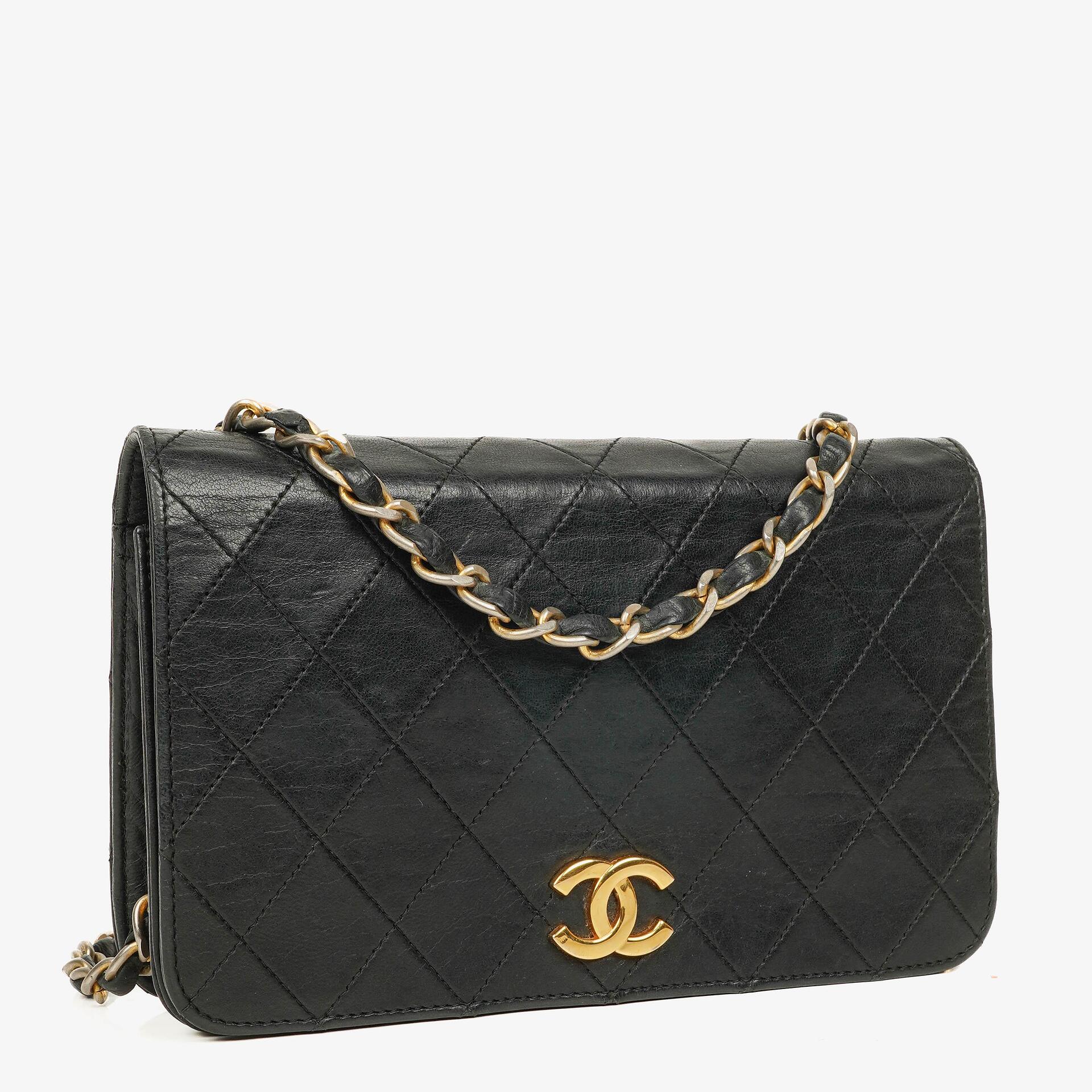 Chanel Mini Classic Black Quilted Lambskin Full Flap Wallet On Chain WOC With 24K Gold-Plated Hardware