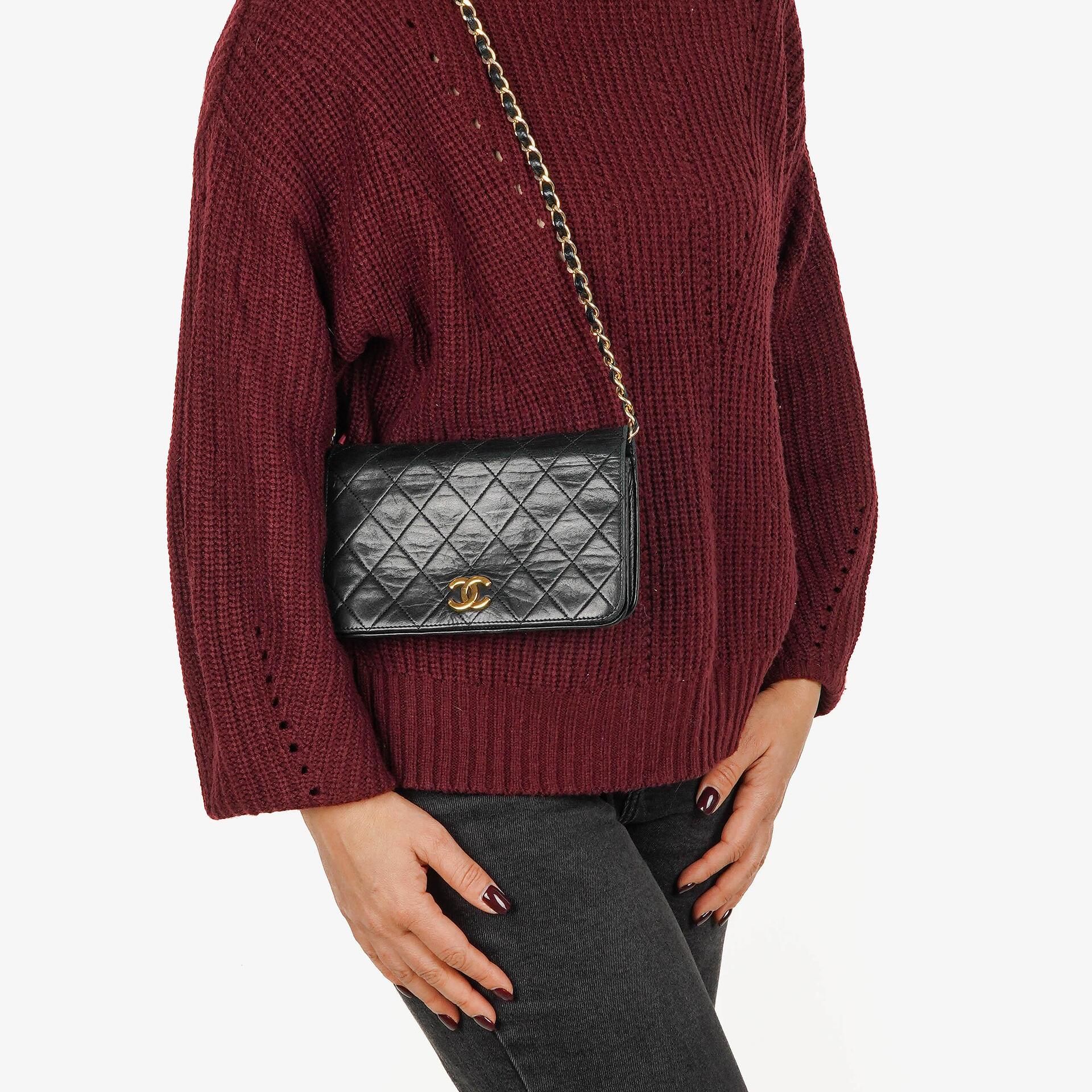Chanel Mini Classic Black Quilted Lambskin Full Flap Wallet On Chain WOC With 24K Gold-Plated Hardware