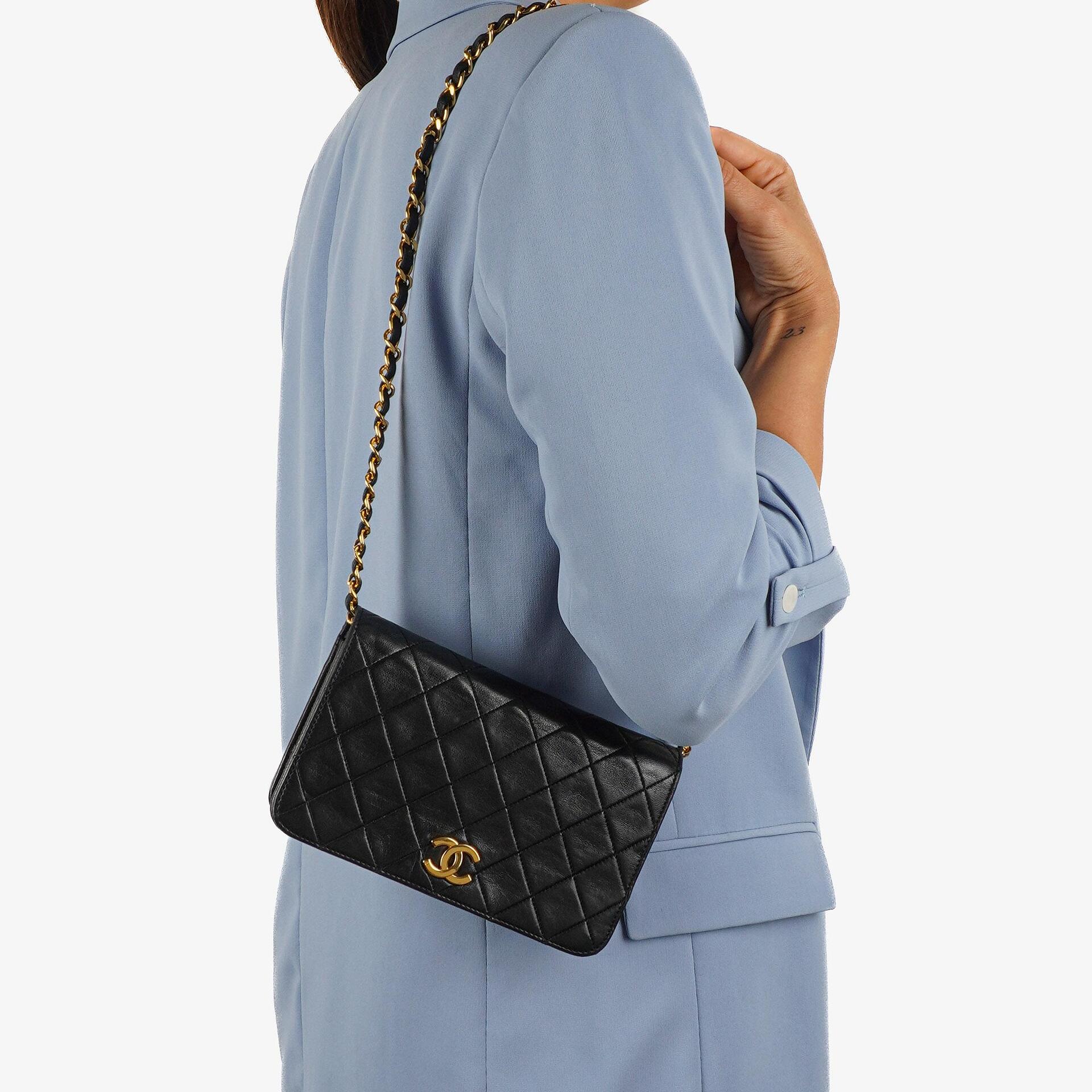 Chanel Mini Classic Black Quilted Lambskin Leather Full Flap Wallet On Chain WOC With 24K Gold-Plated Hardware