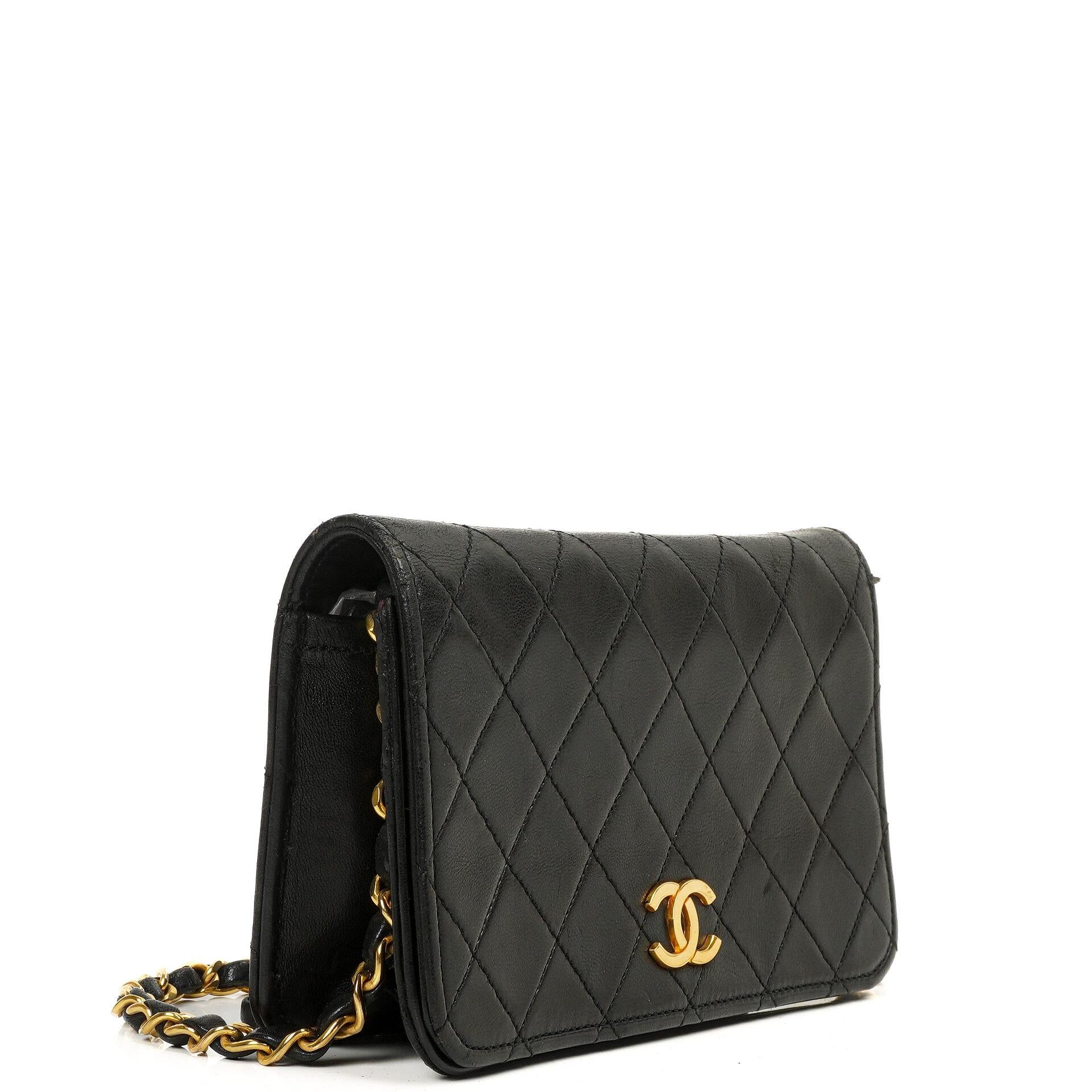 Chanel Vintage Mini Classic Black Quilted Lambskin Leather Full Flap Wallet On Chain WOC With 24K Gold-Plated Hardware