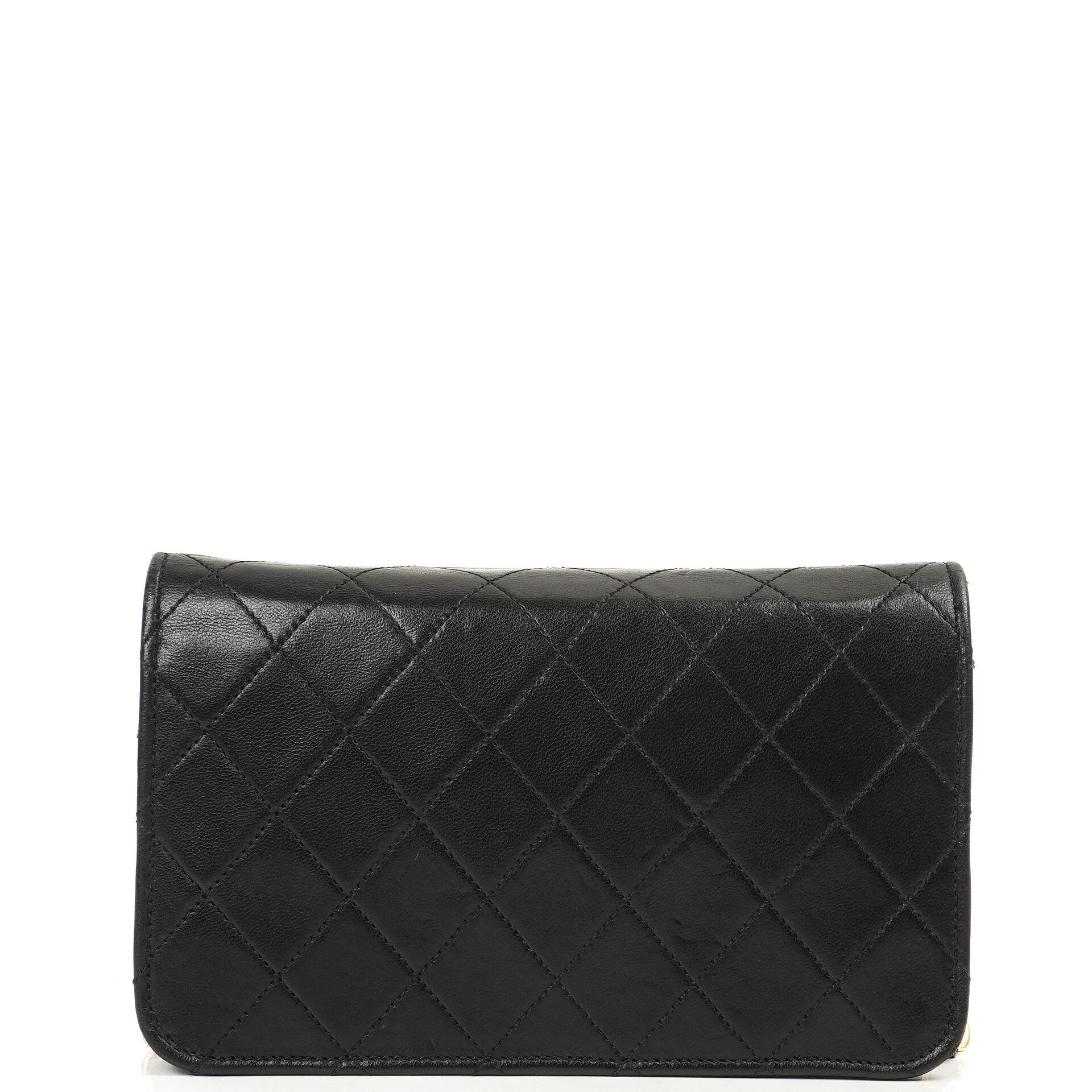 Chanel Vintage Mini Classic Black Quilted Lambskin Leather Full Flap Wallet On Chain WOC With 24K Gold-Plated Hardware