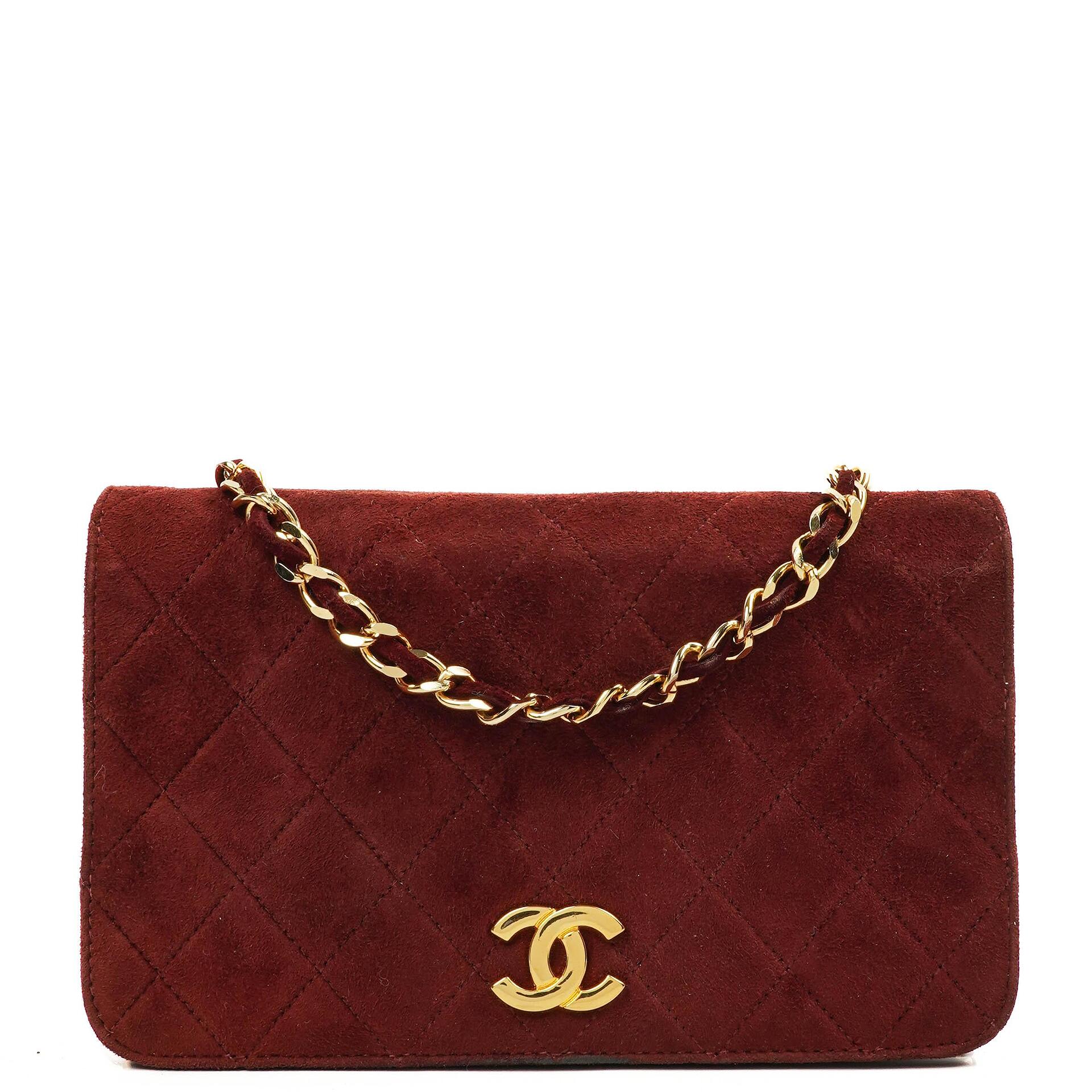 Chanel Mini Classic Burgundy Quilted Suede Full Flap Wallet On Chain WOC With Gold-Tone Hardware