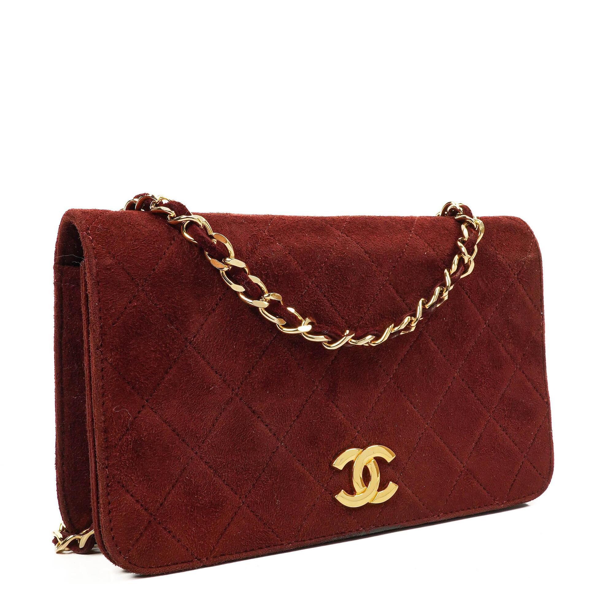 Chanel Mini Classic Burgundy Quilted Suede Full Flap Wallet On Chain WOC With Gold-Tone Hardware