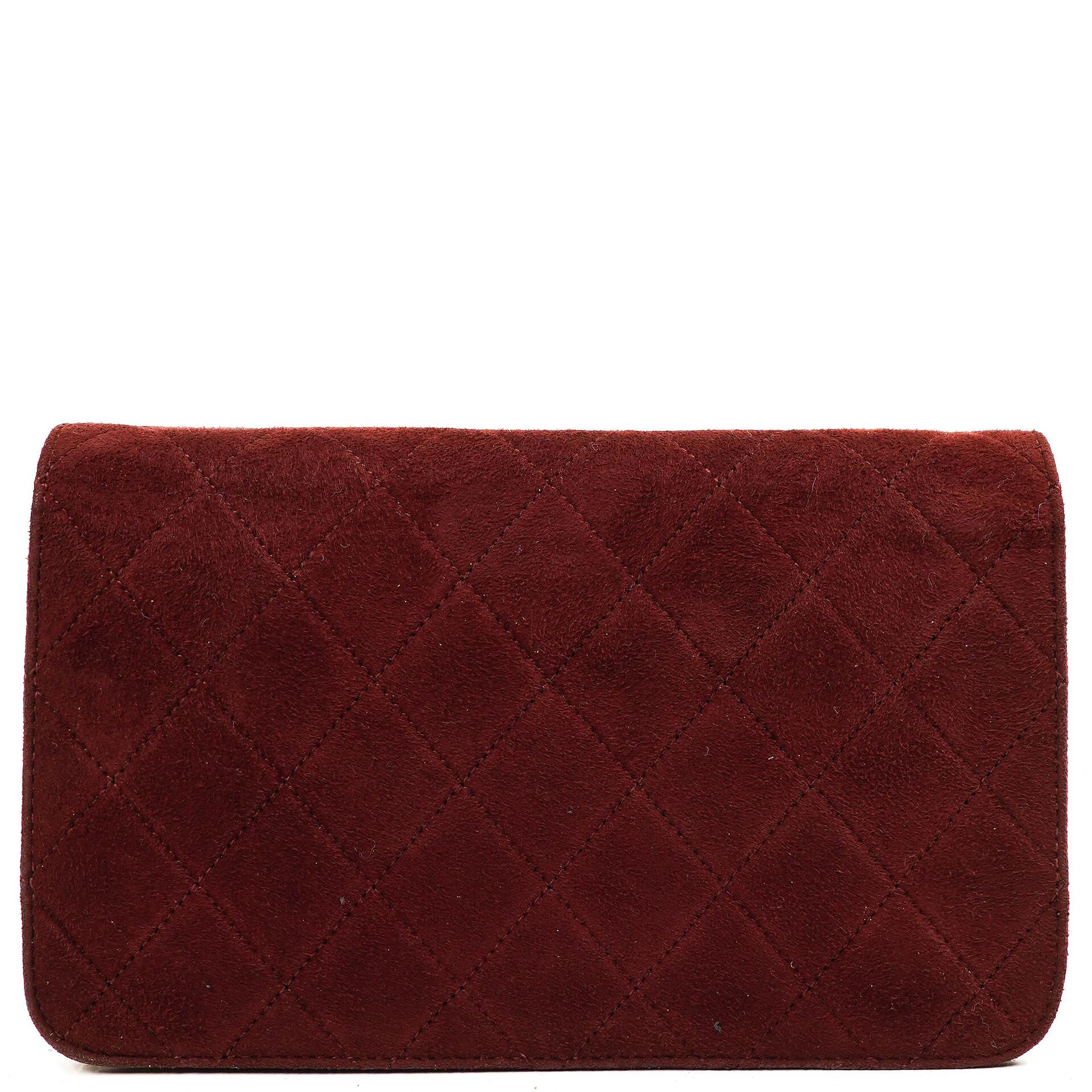 Chanel Mini Classic Burgundy Quilted Suede Full Flap Wallet On Chain WOC With Gold-Tone Hardware