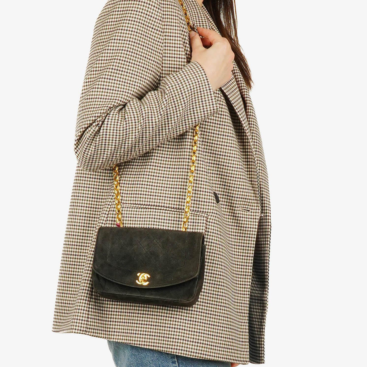 Chanel Mini Diana Bijoux Chain Black Quilted Suede Vintage Flap Bag with 24K Gold-Plated Hardware (1989–1991)