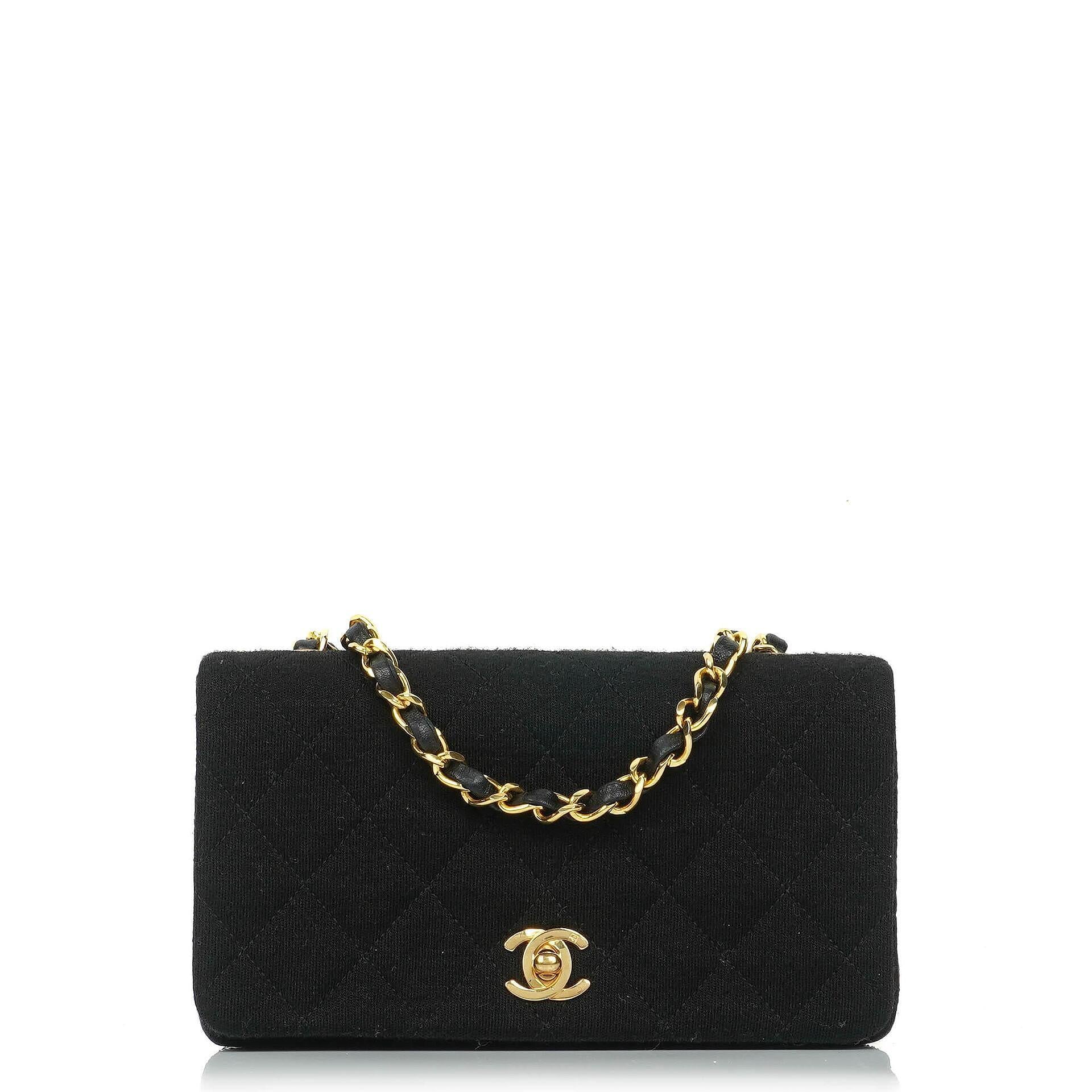 Chanel Mini Full Flap Black Quilted Jersey And Lambskin Vintage Bag With 24K Gold-Plated Hardware
