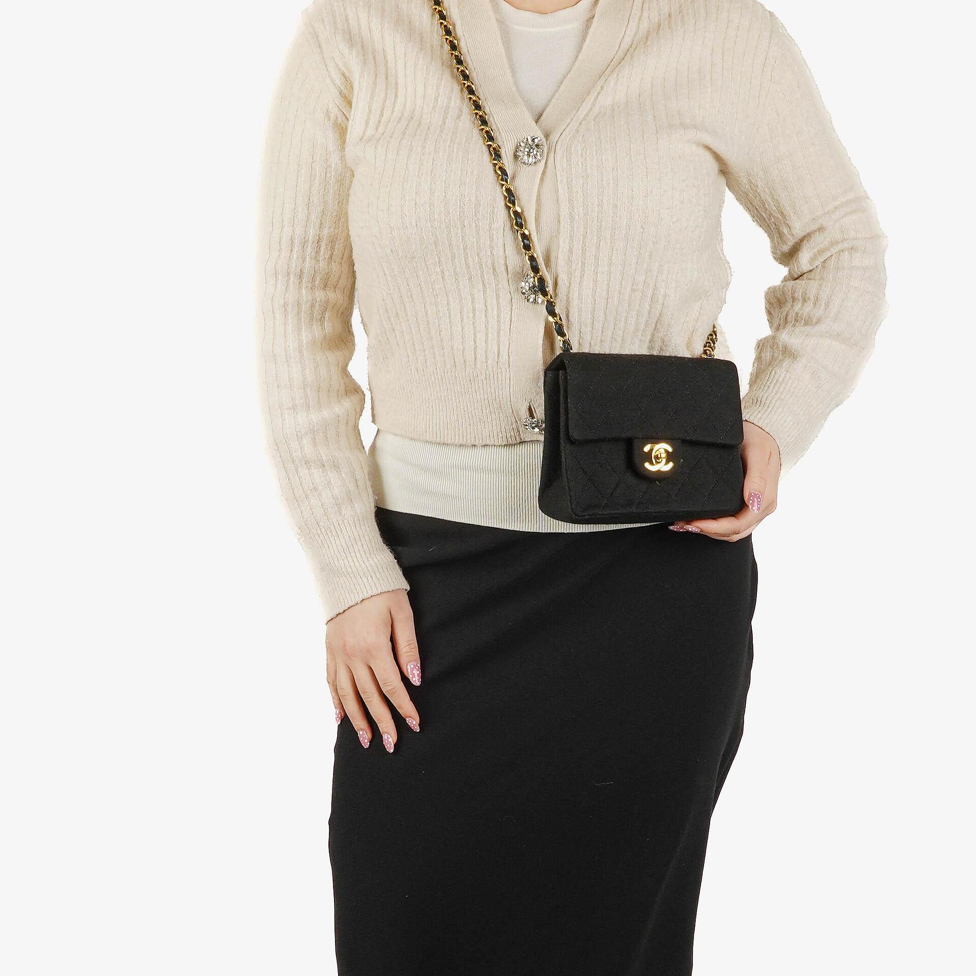 Chanel Mini Quilted Square Jersey Black Flap Bag With 24K Gold-Plated Hardware