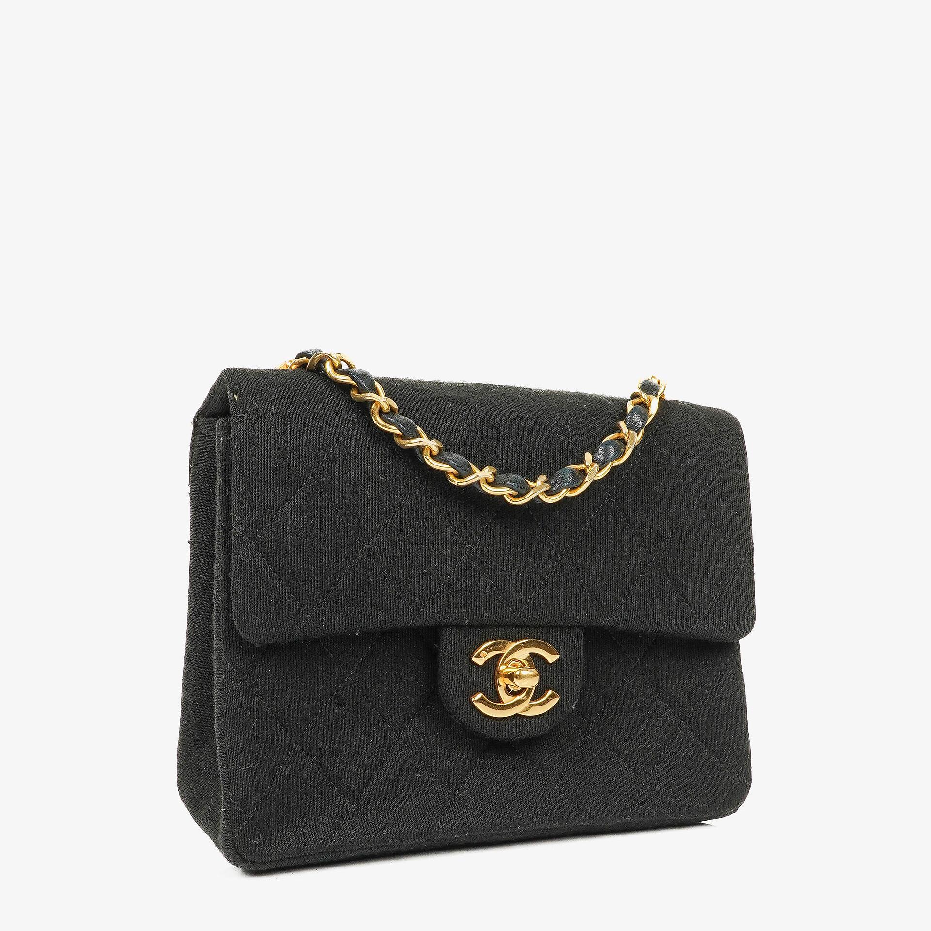 Chanel Mini Quilted Square Jersey Black Flap Bag With 24K Gold-Plated Hardware