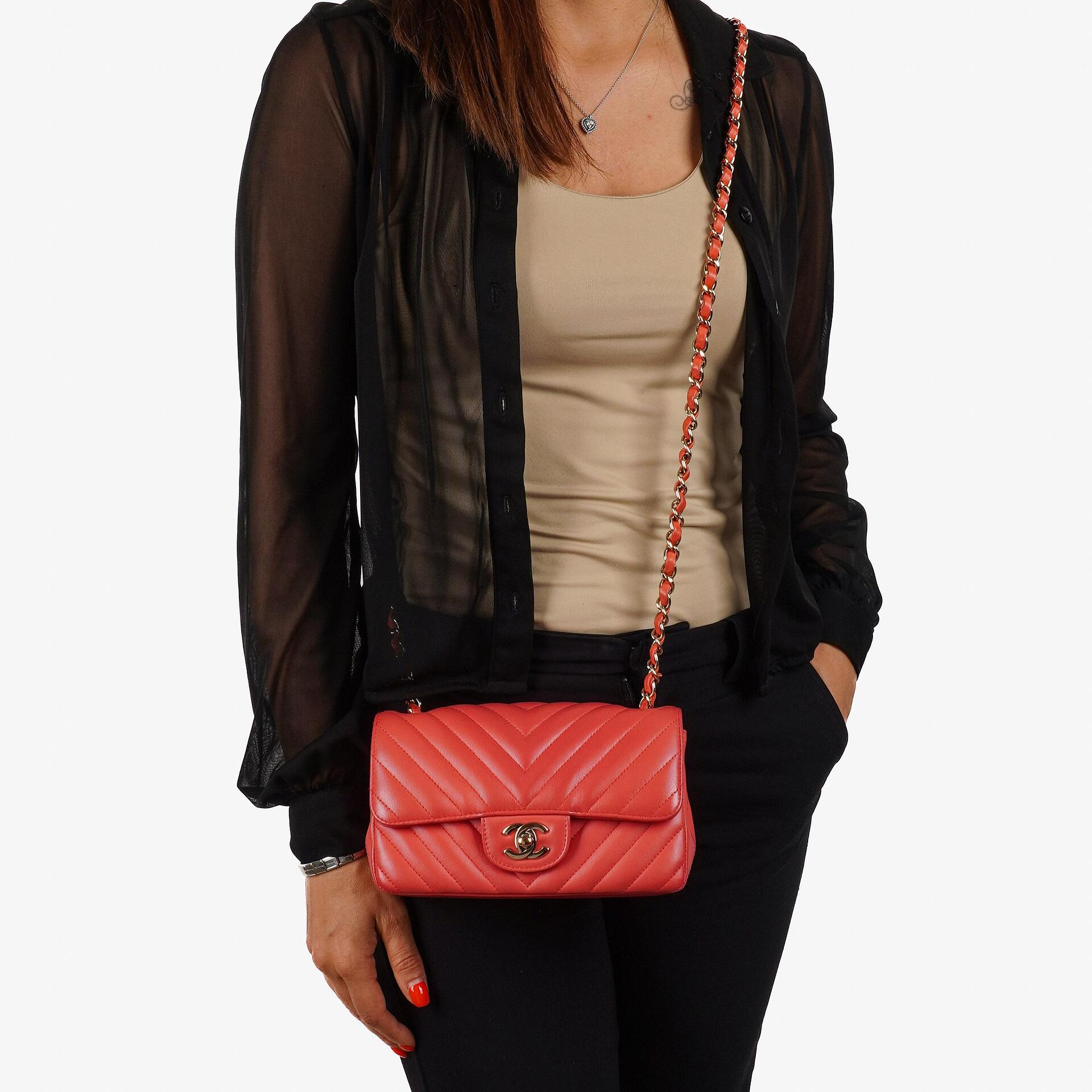 Chanel Mini Rectangular Classic Single Flap Bag Coral Chevron Quilted Lambskin With Gold-Tone Hardware