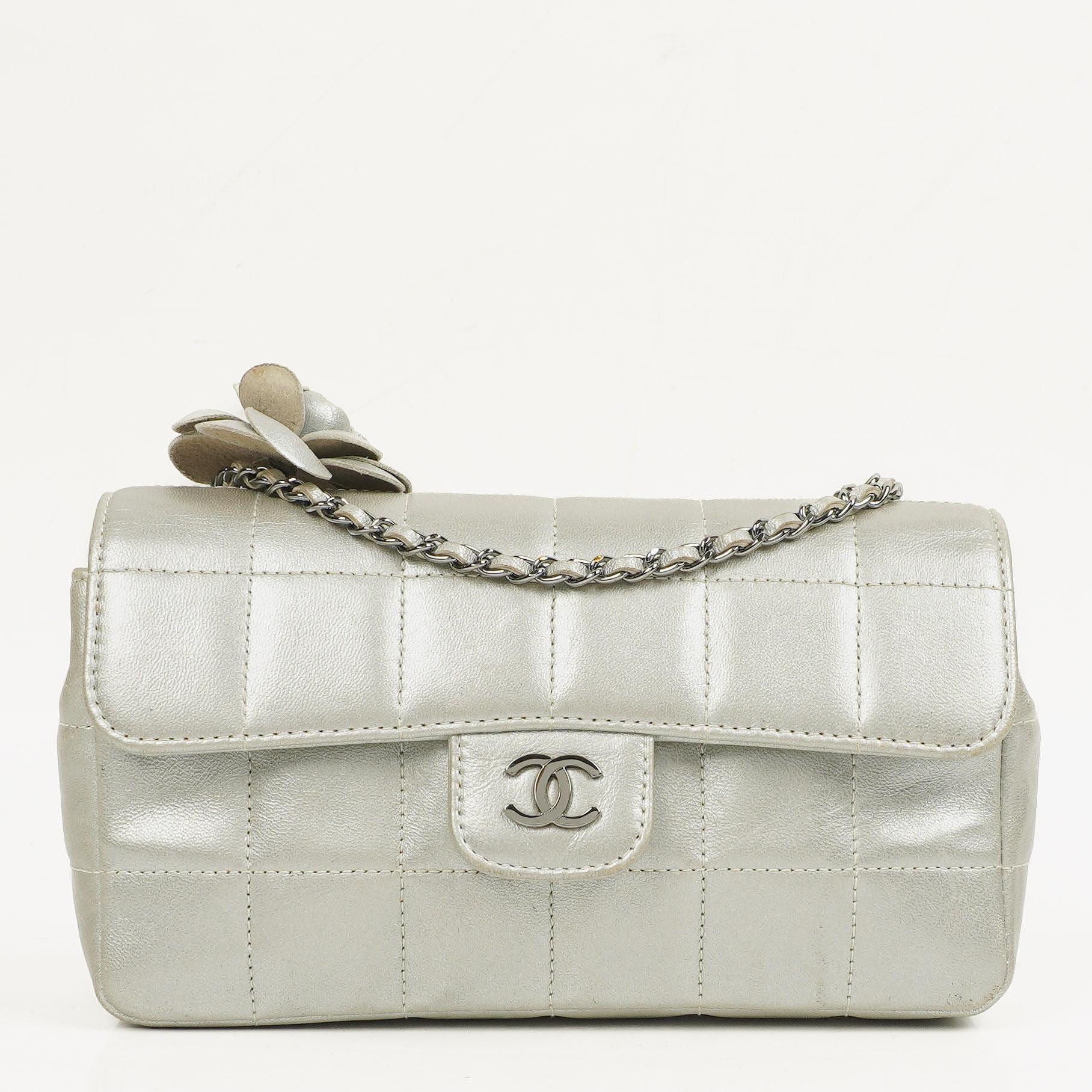 Chanel Mini Rectangular Single Flap Bag Flower Metalic Silver Quilted Lambskin SIlver Tone Hardware