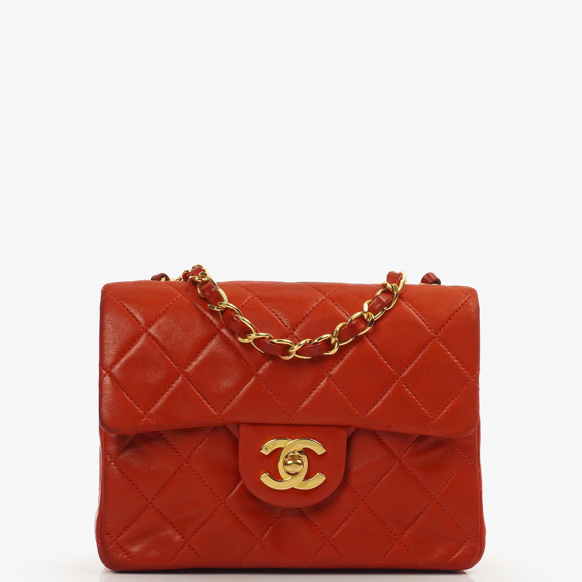 Chanel Mini Square Classic Flap Bag Red Quilted Lambskin 24K Gold-Plated Hardware