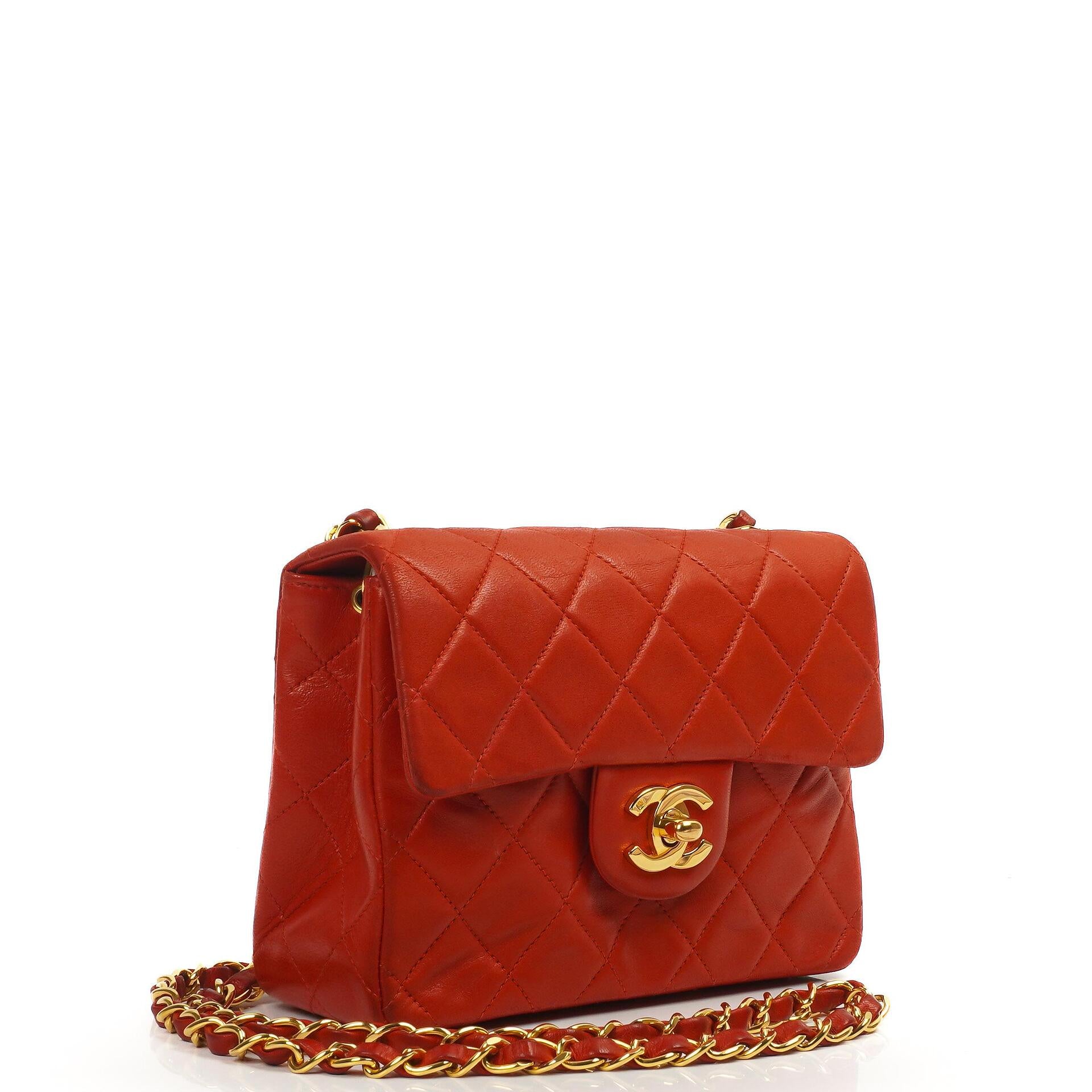 Chanel Mini Square Classic Flap Bag Red Quilted Lambskin 24K Gold-Plated Hardware