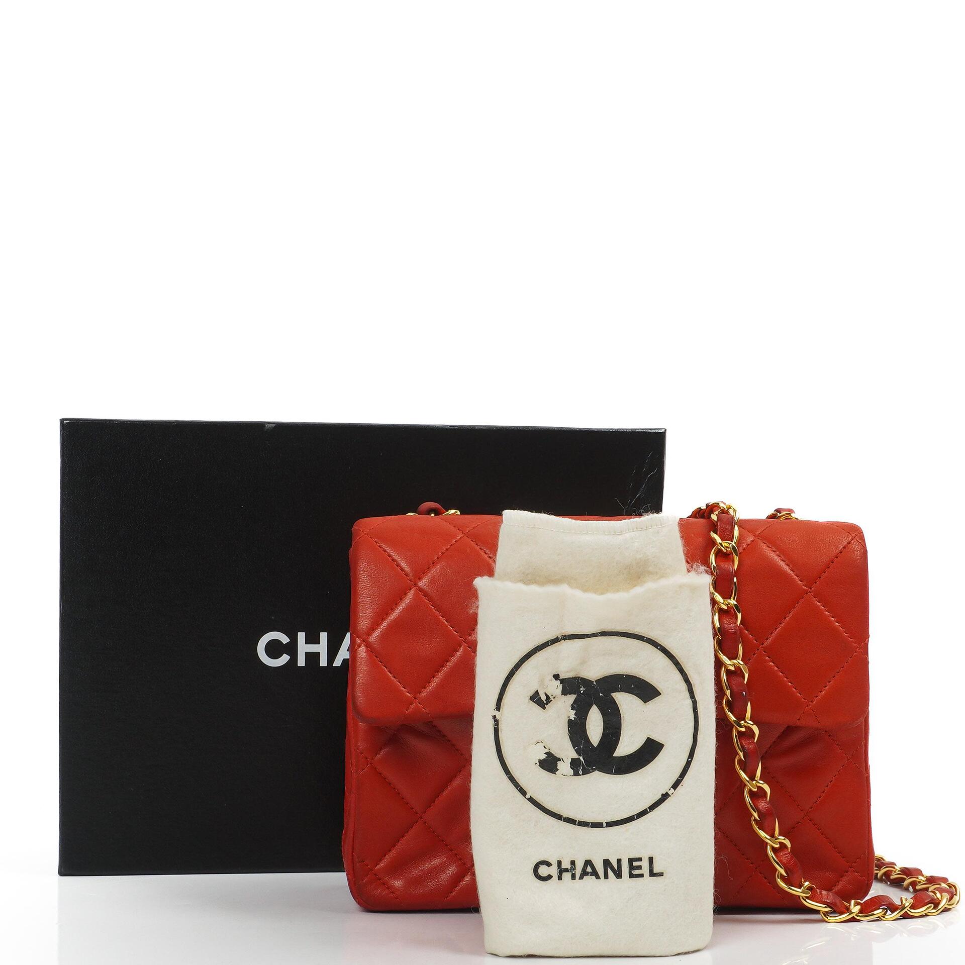 Chanel Mini Square Classic Flap Bag Red Quilted Lambskin 24K Gold-Plated Hardware