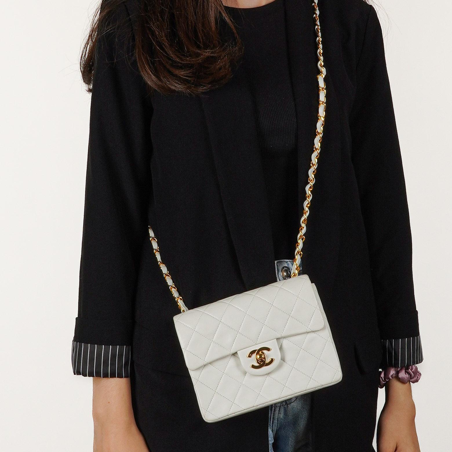 Chanel Mini Square Classic Flap Bag White Quilted Lambskin With 24K Gold-Plated Hardware