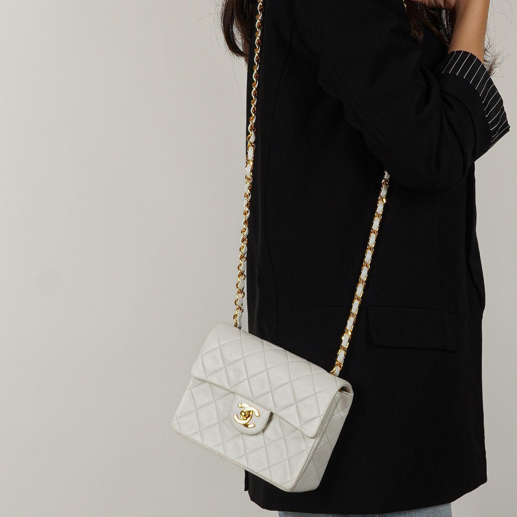 Chanel Mini Square Classic Flap Bag White Quilted Lambskin With 24K Gold-Plated Hardware