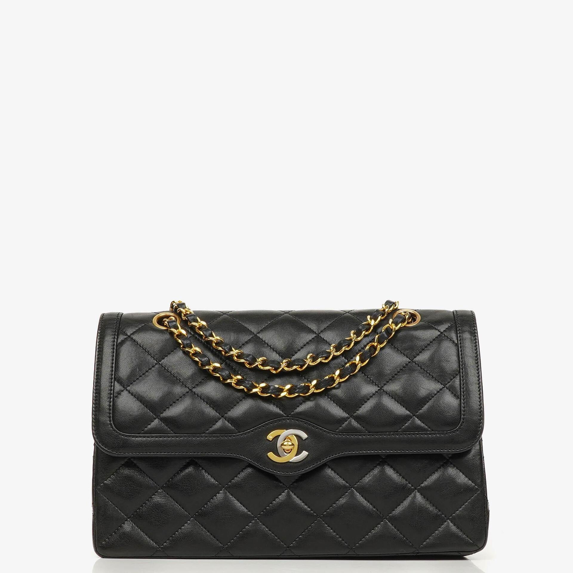 Chanel Paris Classic Medium Double Flap Bag Black Quilted Lambskin With Gold & Silver Tone Combo Hardware