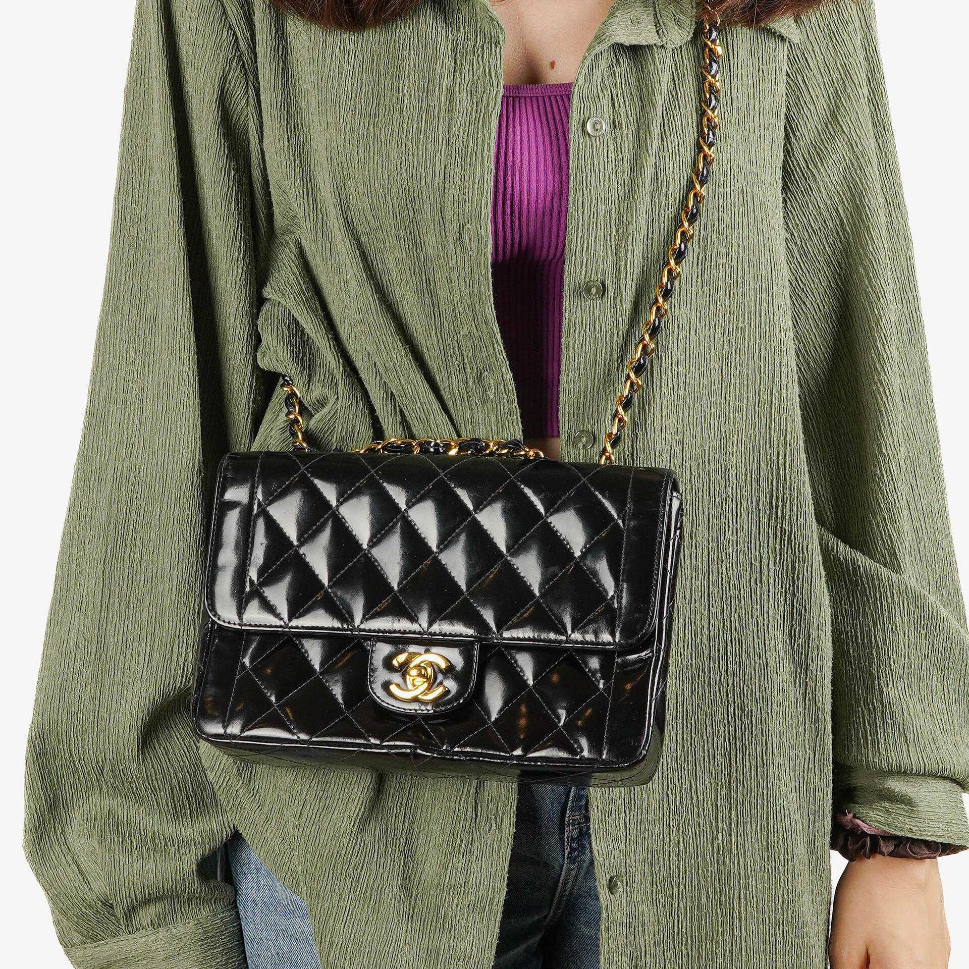 Chanel Single Flap Bag Black Quilted Patent Leather With 24K Gold-Plated Hardware