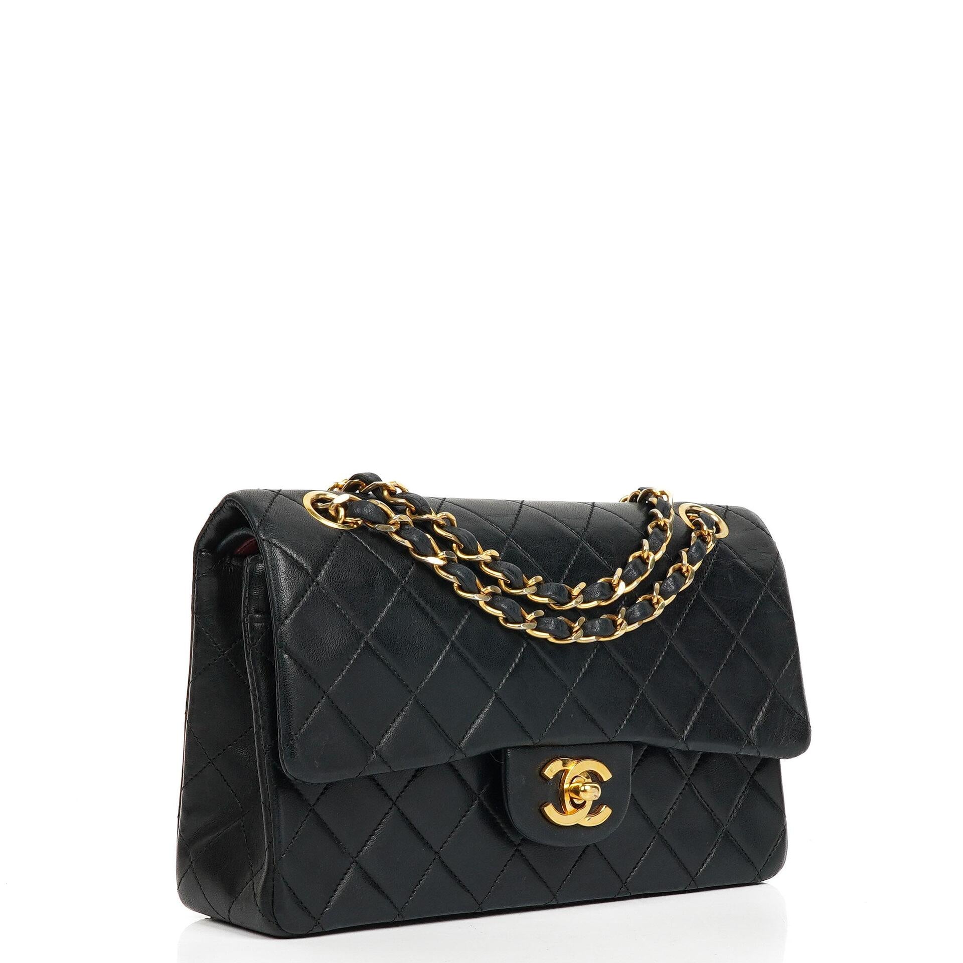 Chanel Small Classic Black Quilted Lambskin Double Flap Bag With 24K Gold-Plated Hardware
