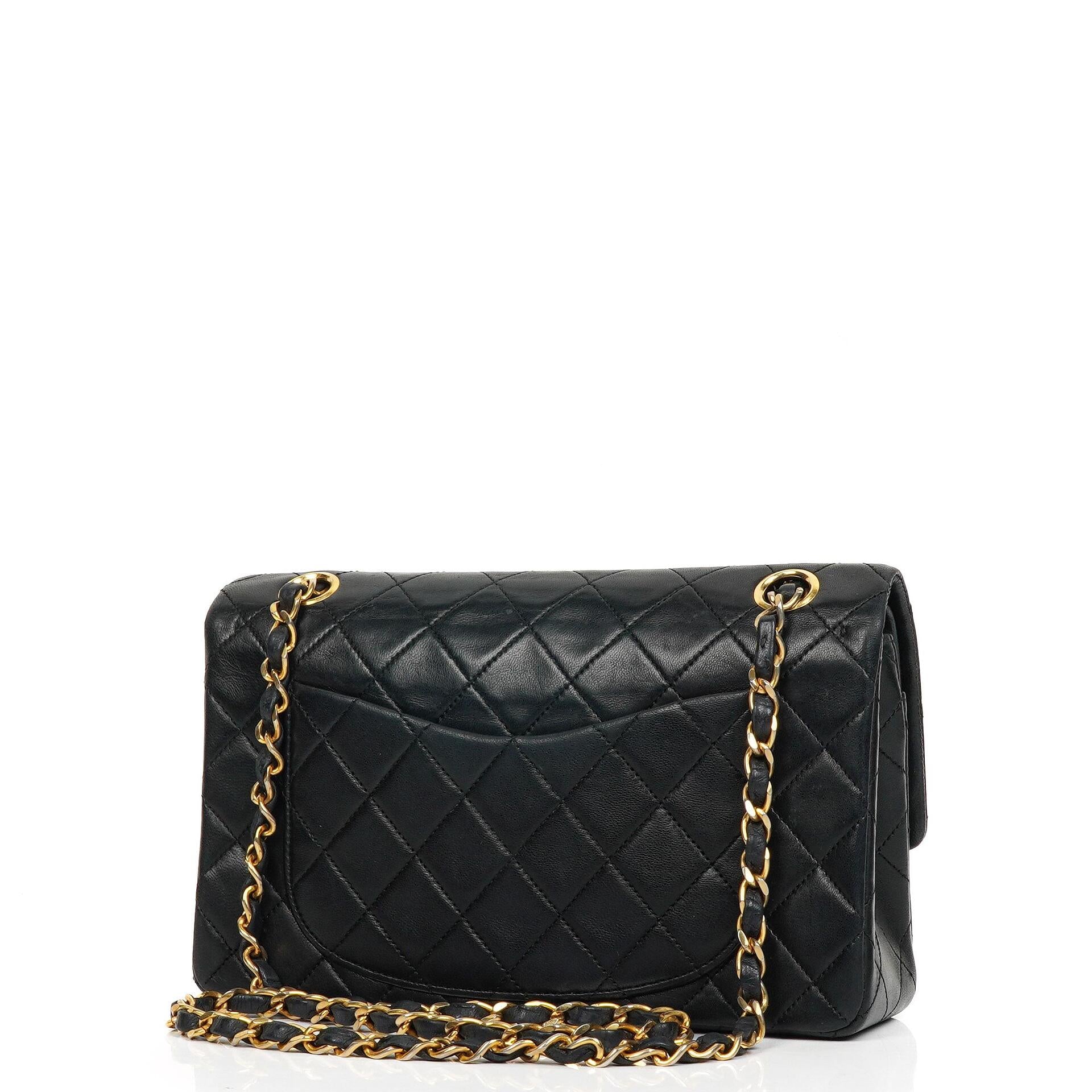 Chanel Small Classic Black Quilted Lambskin Double Flap Bag With 24K Gold-Plated Hardware