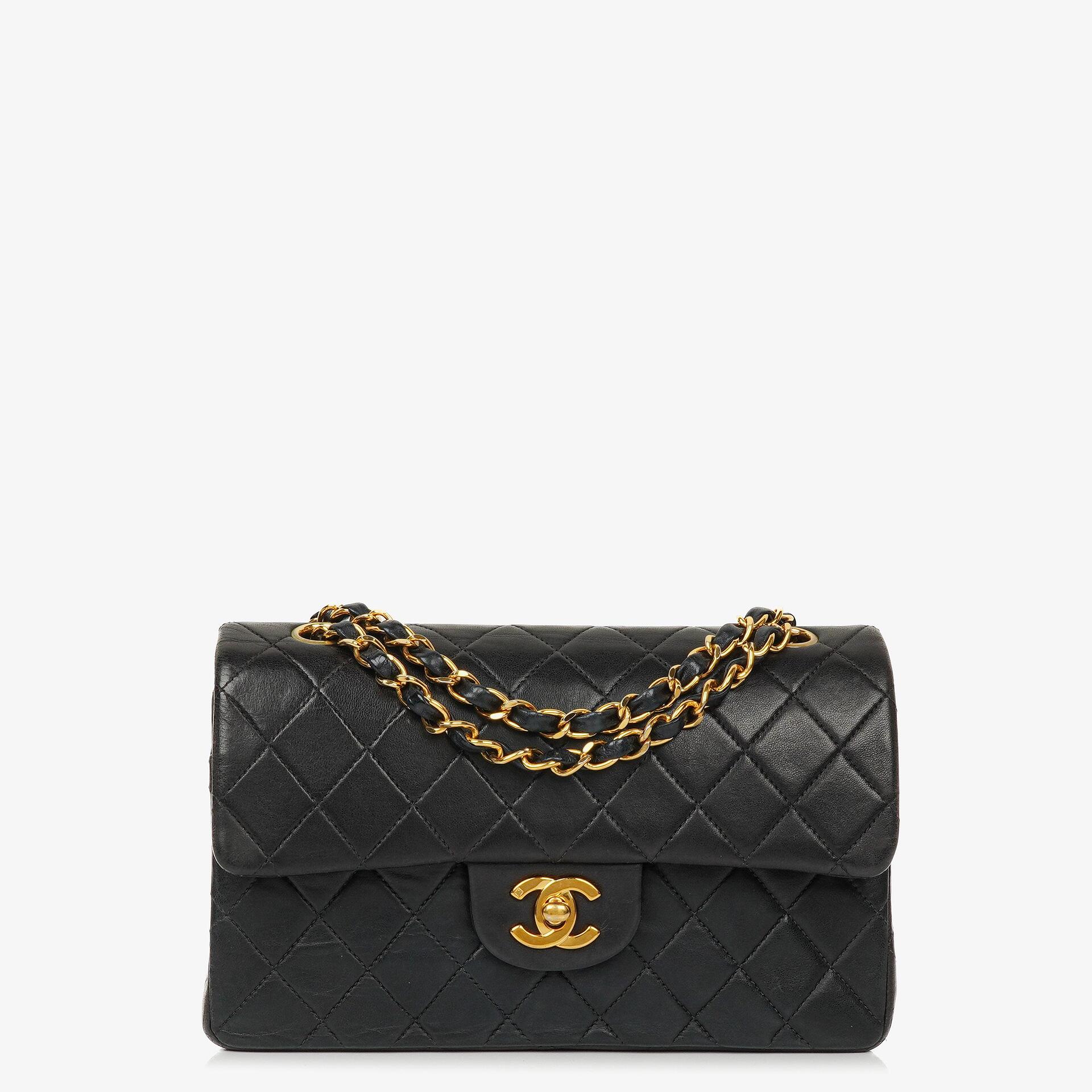 Chanel Small Classic Double Flap Bag Black Quilted Lambskin 24K Gold Hardware Vintage