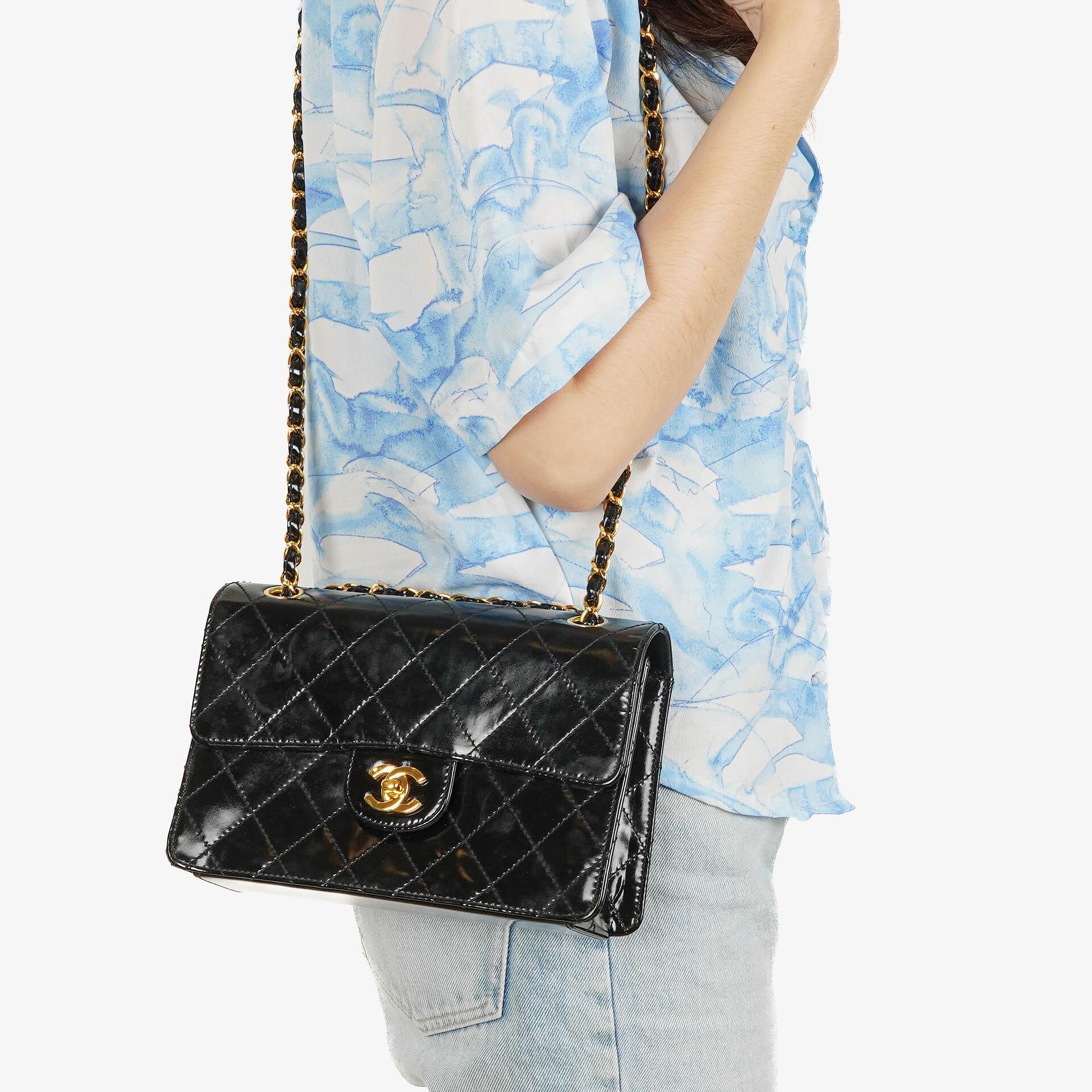 Chanel Small Classic Single Flap Bag Black Patent Quilted Leather With 24K Gold-Plated Hardware