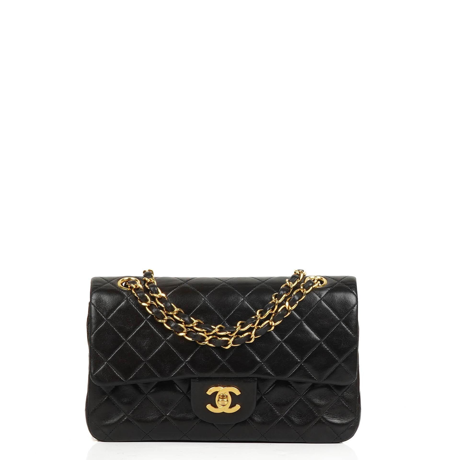 Chanel Small Classic Vintage Black Quilted Lambskin Double Flap Bag With 24K Gold-Plated Hardware