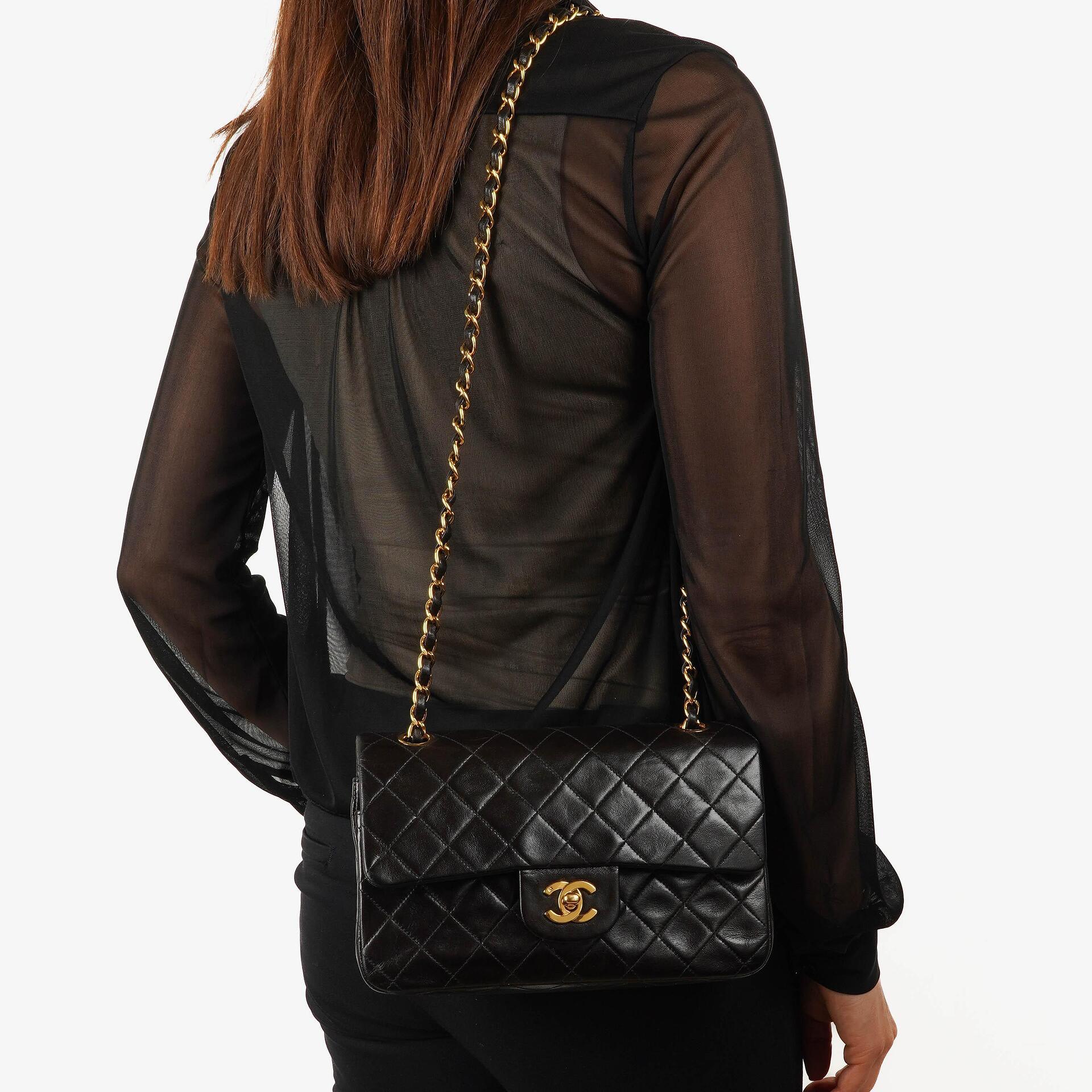 Chanel Small Classic Vintage Black Quilted Lambskin Double Flap Bag With 24K Gold-Plated Hardware