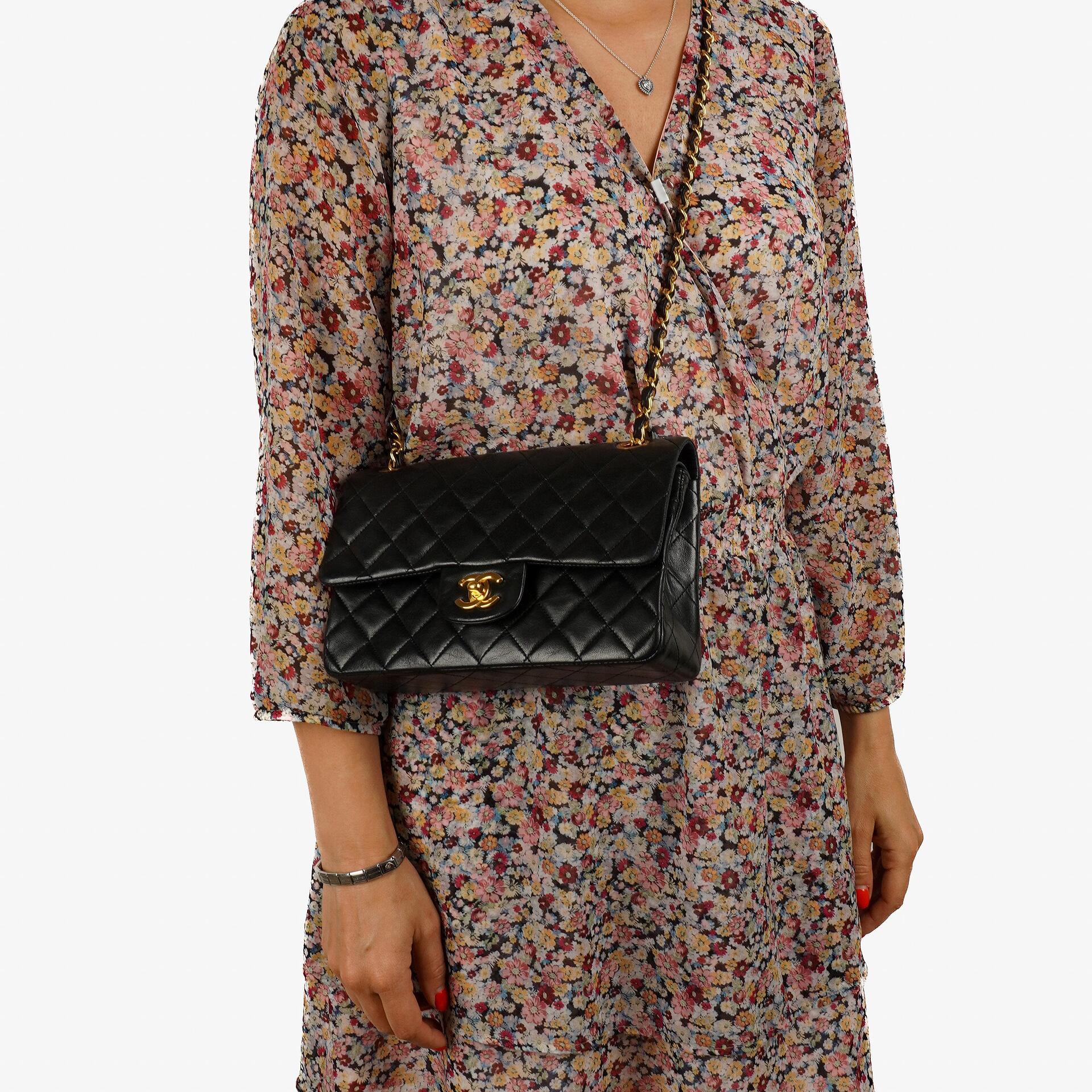 Chanel Small Classic Vintage Black Quilted Lambskin Double Flap Bag With 24K Gold-Plated Hardware