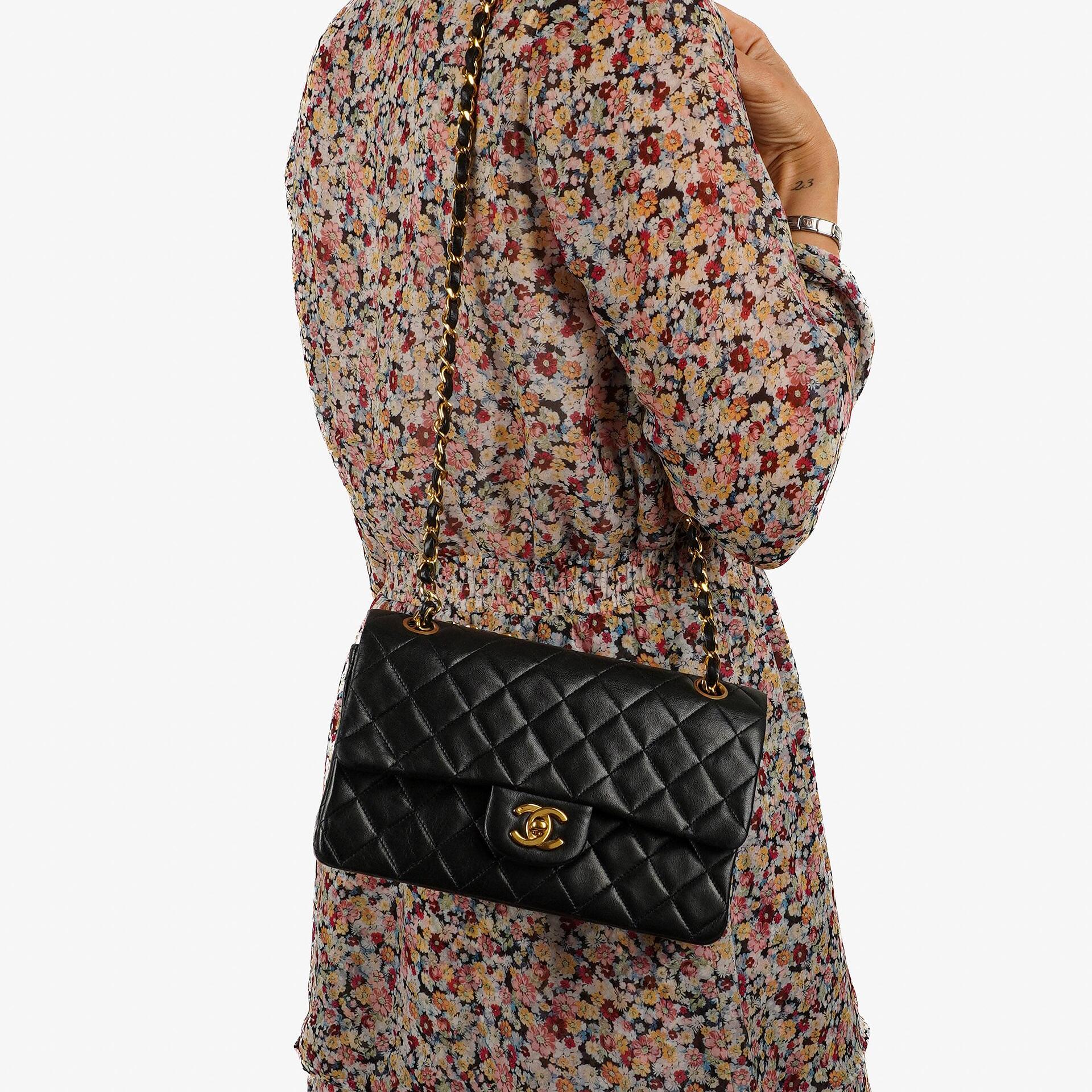 Chanel Small Classic Vintage Black Quilted Lambskin Double Flap Bag With 24K Gold-Plated Hardware