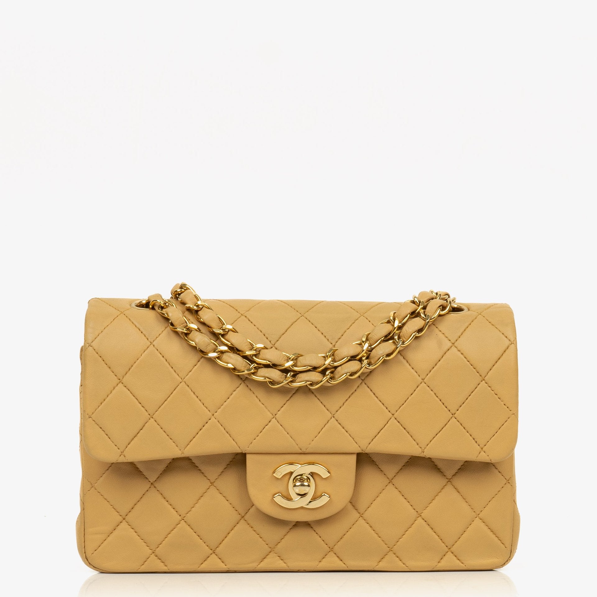 Chanel Small Classic Vintage Double Flap Bag Beige Quilted Lambskin 24K Gold-Plated Hardware