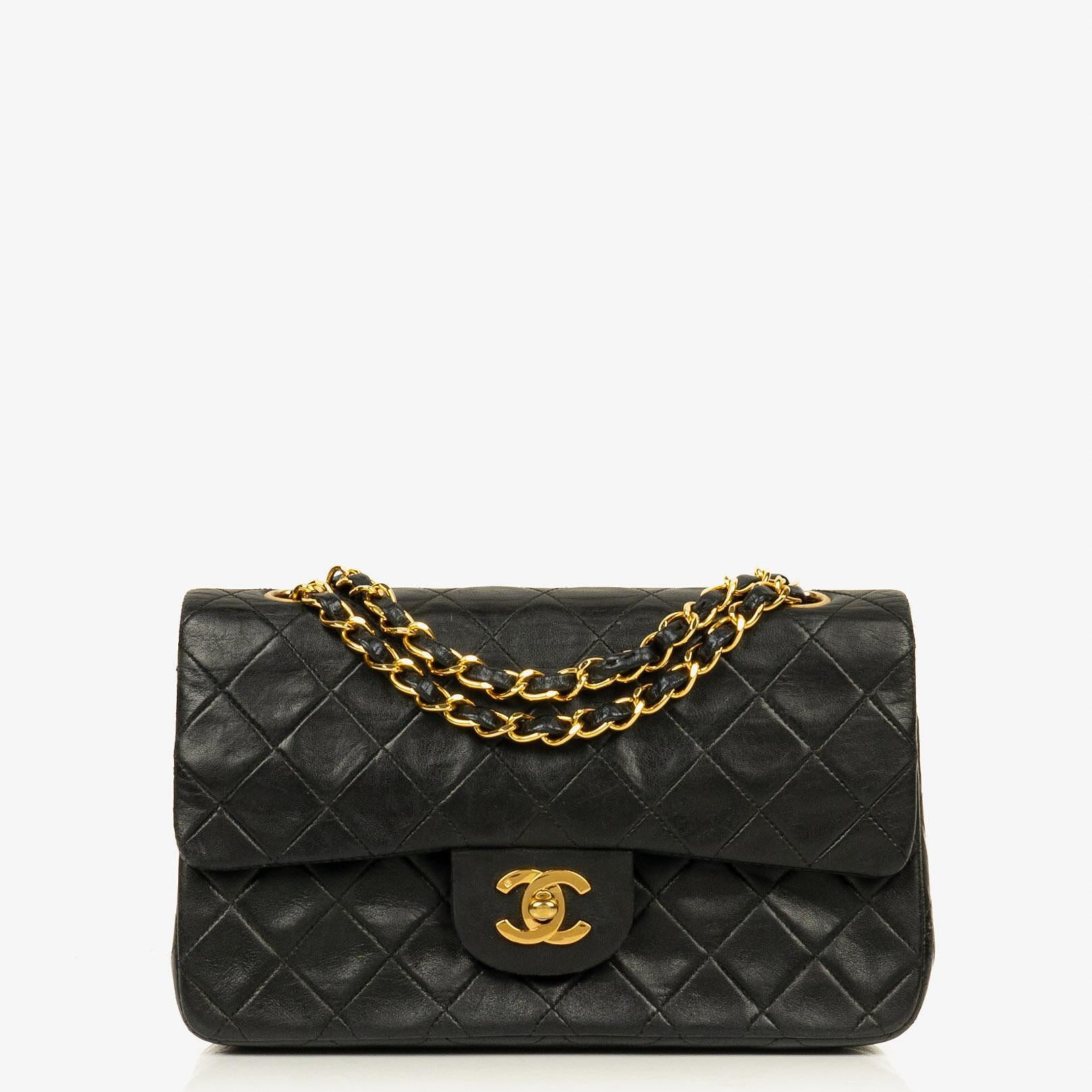 Chanel Small Classic Vintage Double Flap Bag Black Quilted Lambskin 24K Gold-Plated Hardware