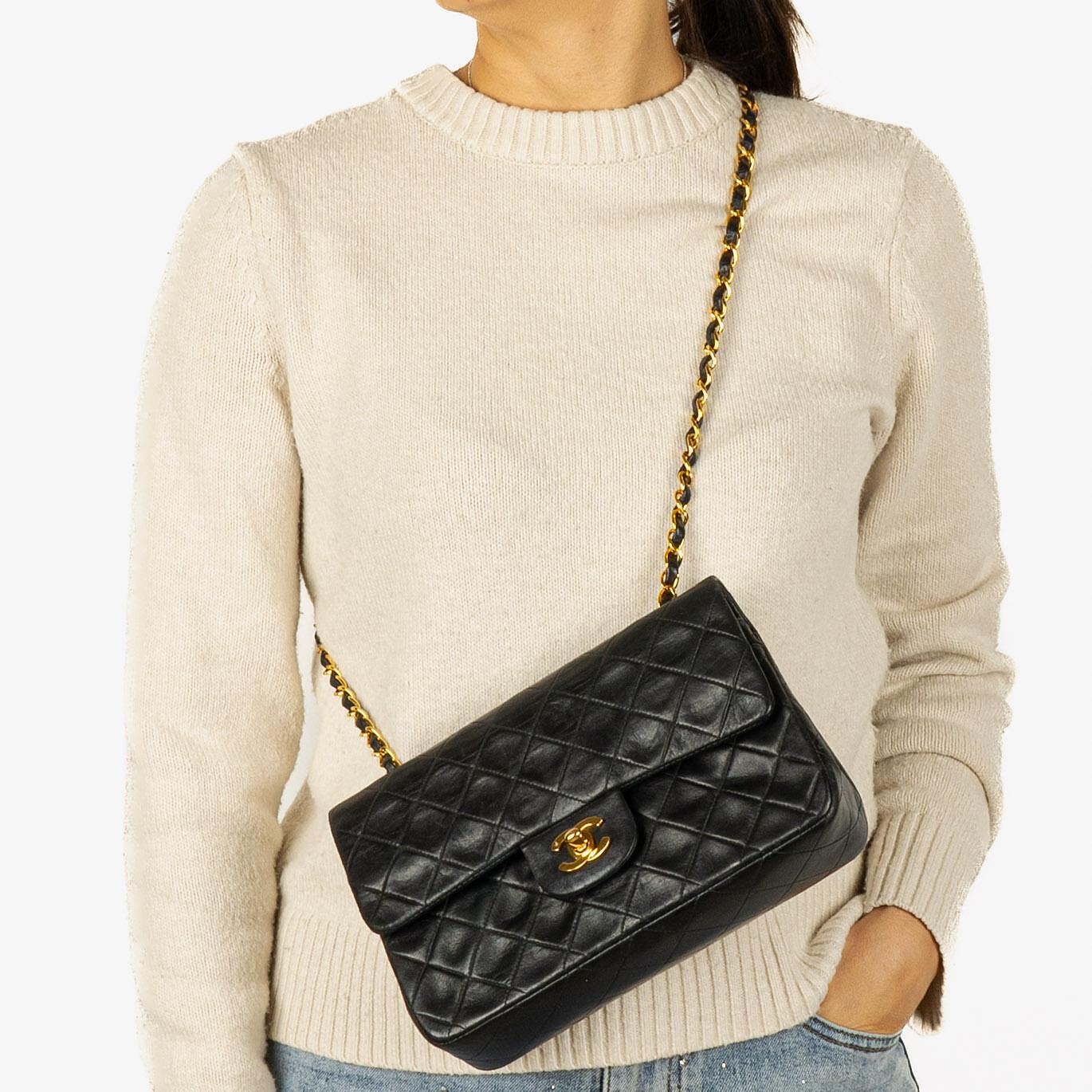 Chanel Small Classic Vintage Double Flap Bag Black Quilted Lambskin 24K Gold-Plated Hardware