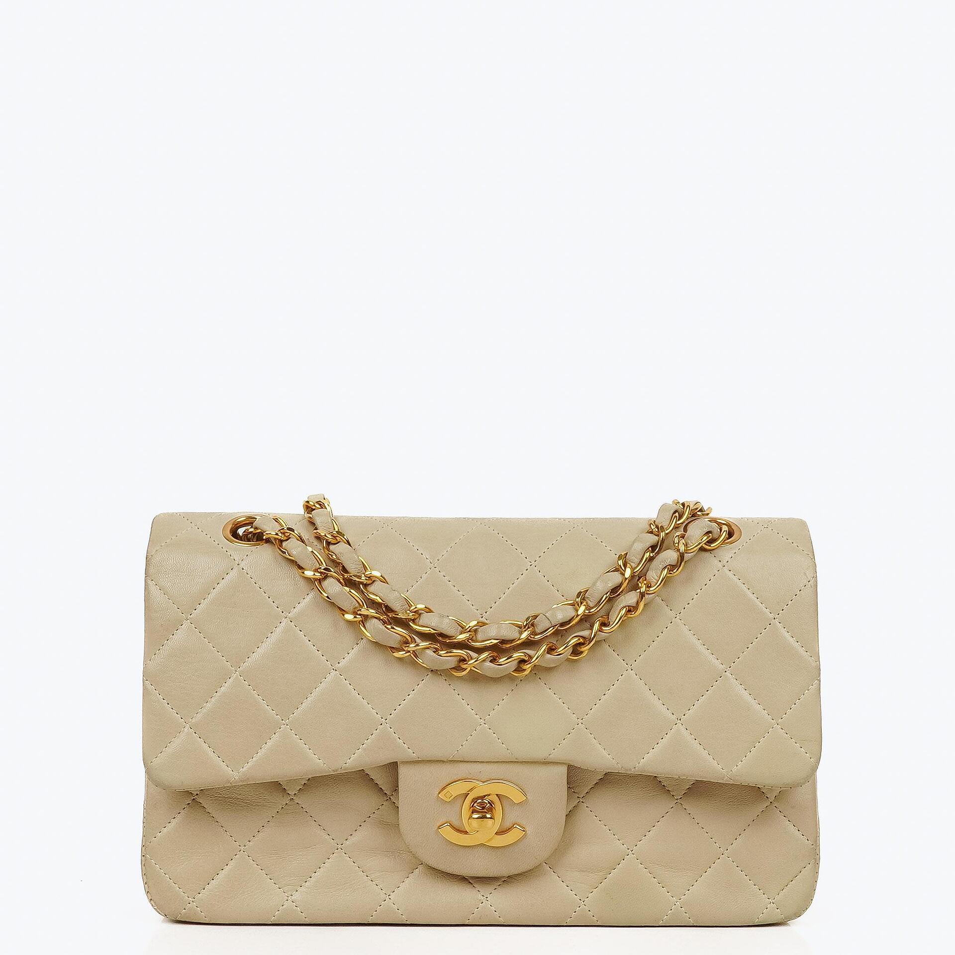 Chanel Small Classic Vintage Double Flap Bag Neutral Quilted Lambskin 24K Gold-Plated Hardware