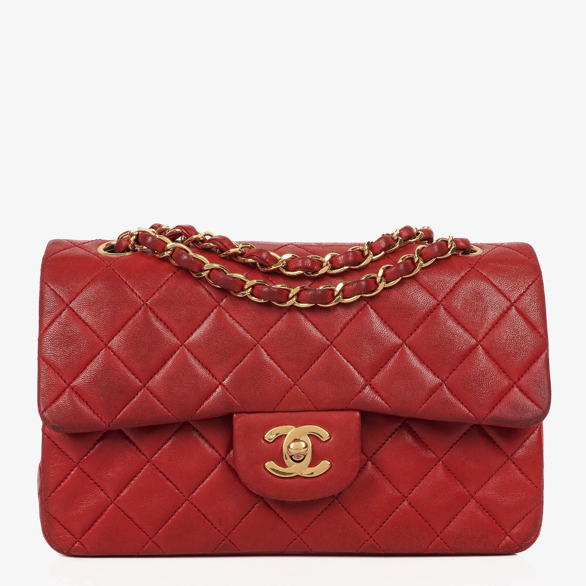 Chanel Small Classic Vintage Double Flap Bag Red Quilted Lambskin 24K Gold-Plated Hardware