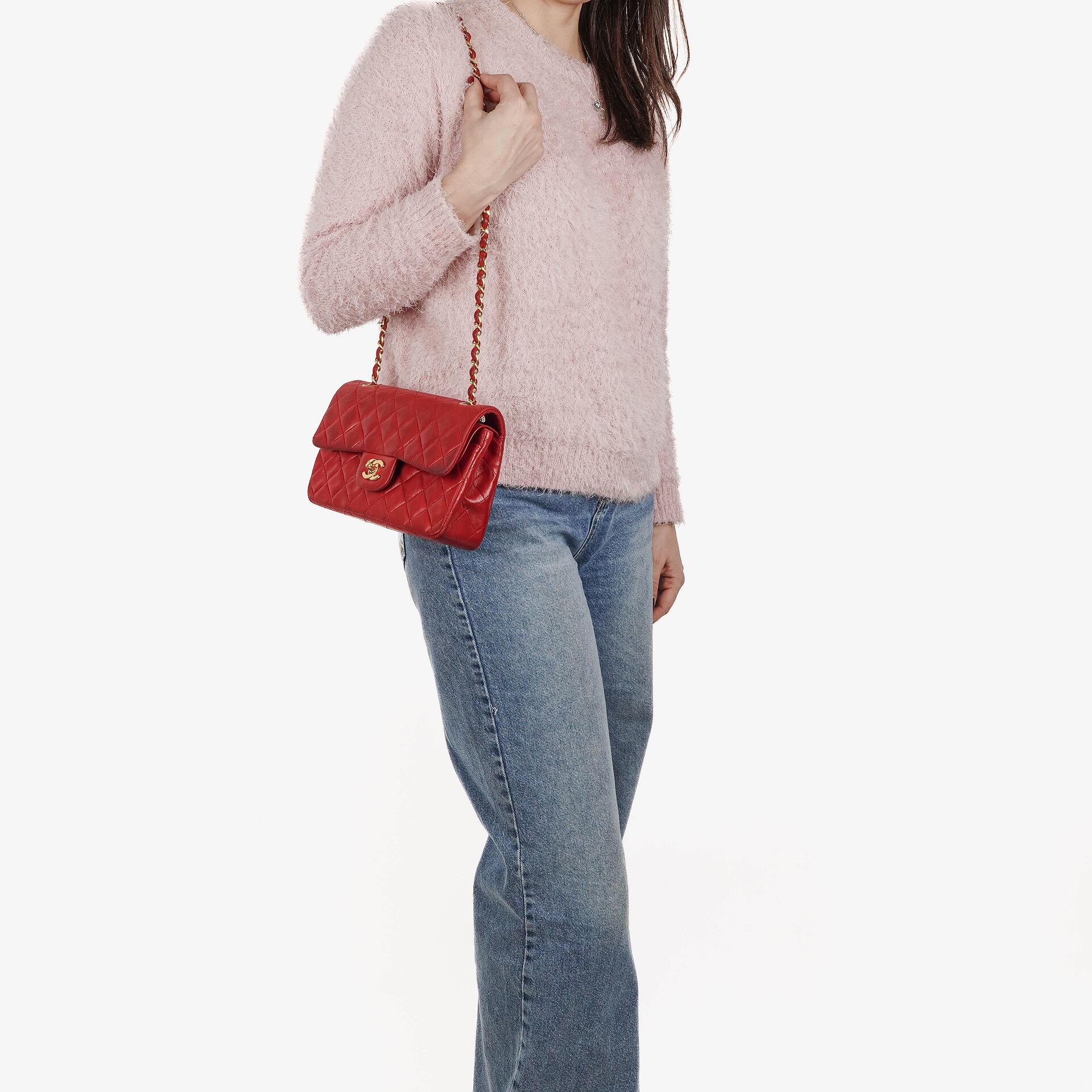 Chanel Small Classic Vintage Double Flap Bag Red Quilted Lambskin 24K Gold-Plated Hardware