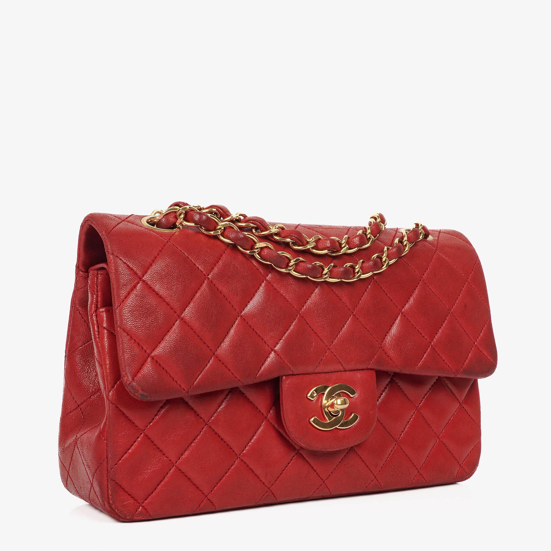 Chanel Small Classic Vintage Double Flap Bag Red Quilted Lambskin 24K Gold-Plated Hardware