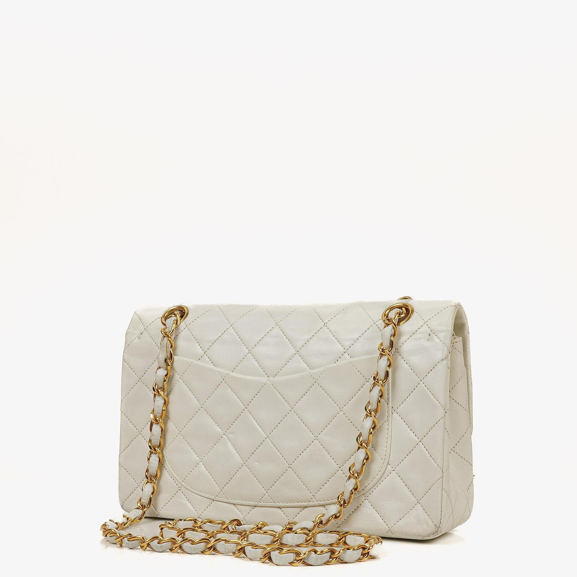 Chanel Small Classic Vintage Double Flap Bag White Quilted Lambskin 24K Gold-Plated Hardware