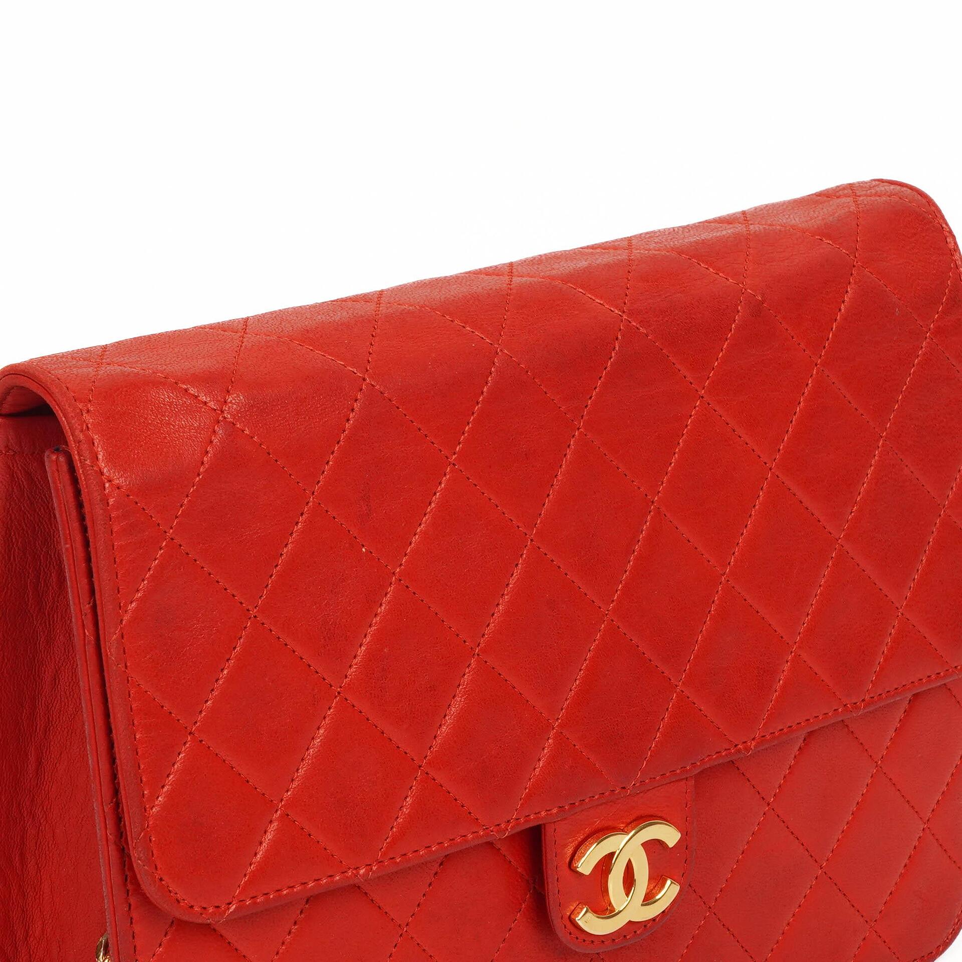 Chanel Small Classic Vintage Red Quilted Lambskin Single Flap Bag With 24K Gold-Plated Hardware
