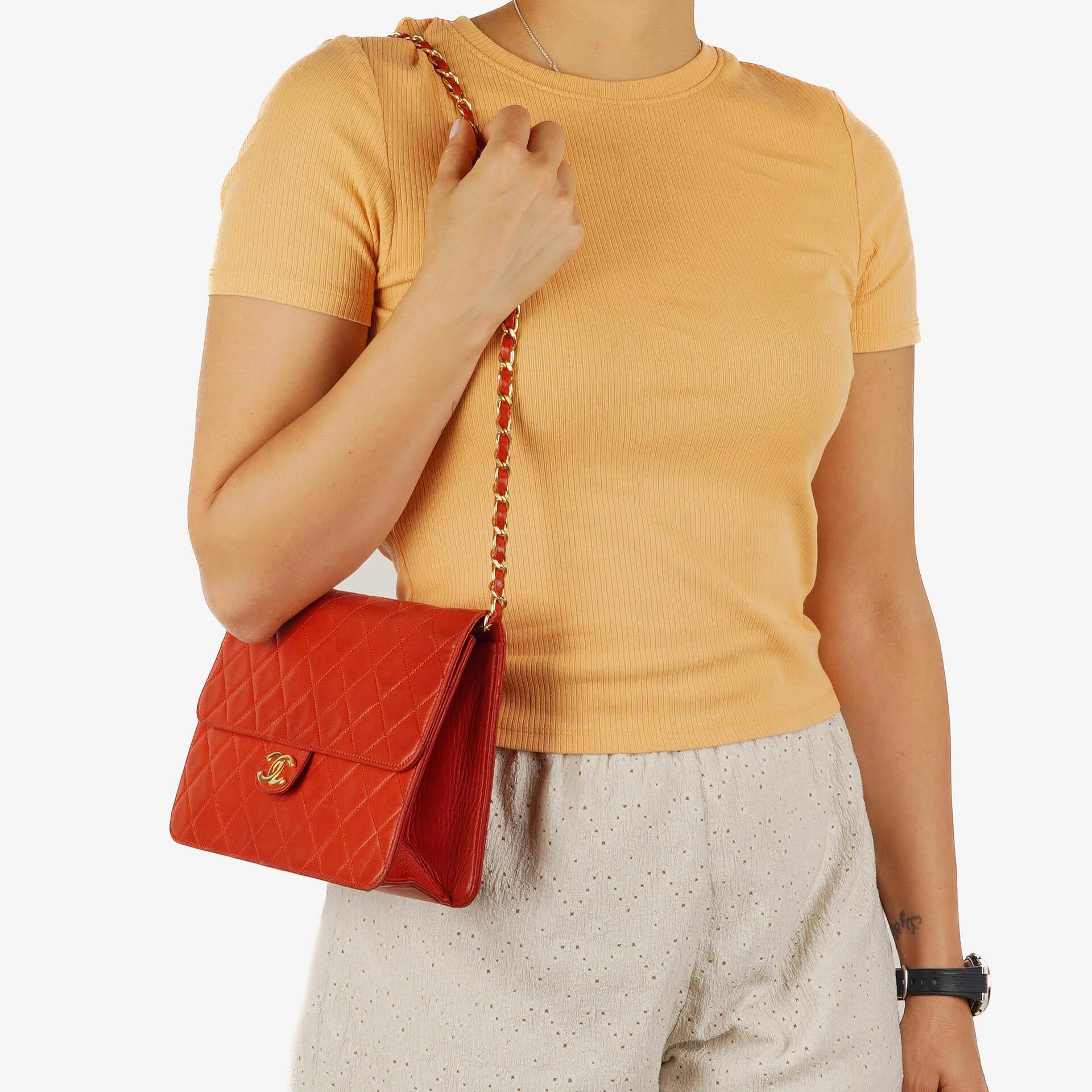Chanel Small Classic Vintage Red Quilted Lambskin Single Flap Bag With 24K Gold-Plated Hardware