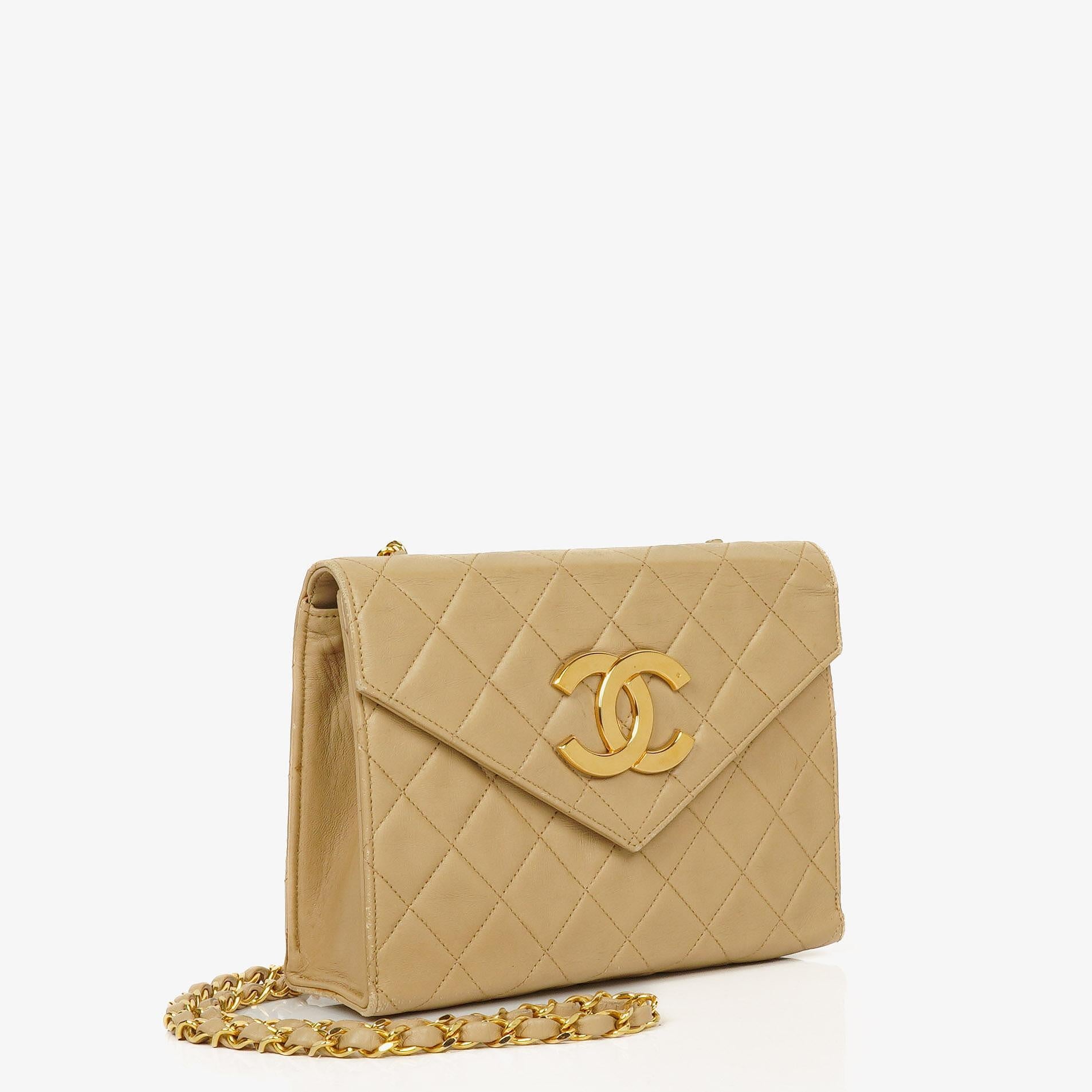 Chanel Small Envelope Maxi CC Logo Flap Bag Beige Quilted Lambskin With 24K Gold-Plated Hardware
