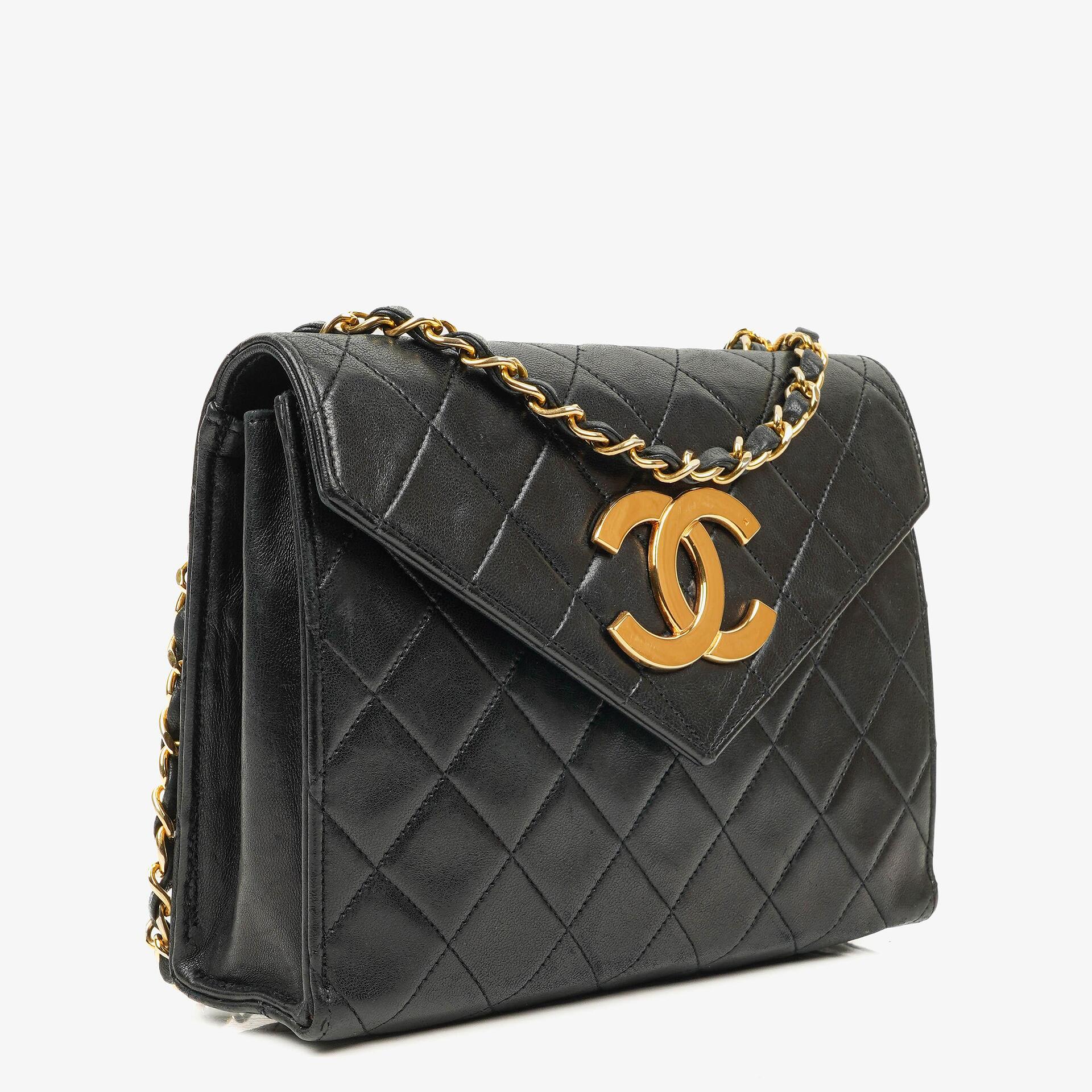 Chanel Small Envelope Maxi CC Logo Flap Bag Black Quilted Lambskin With 24K Gold-Plated Hardware