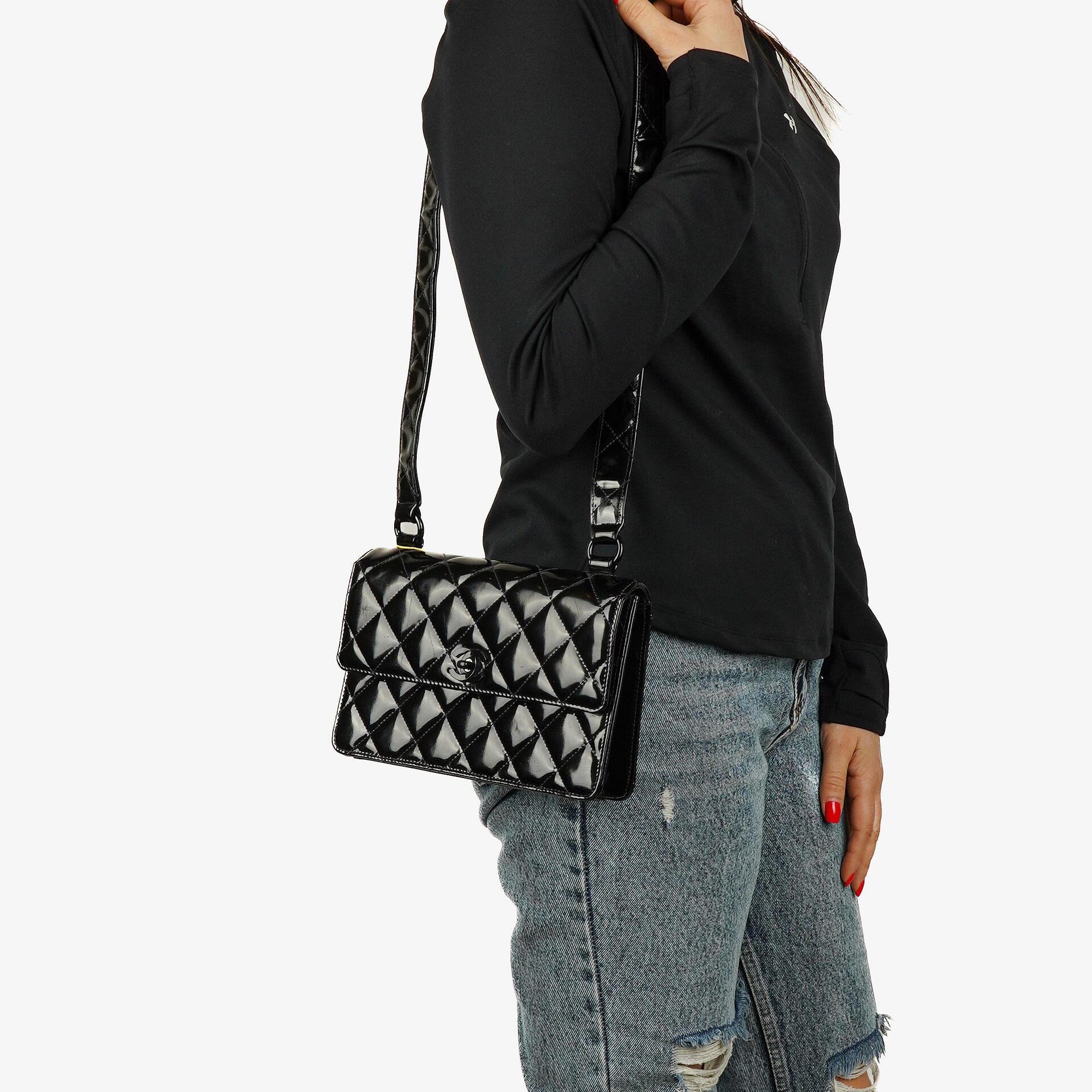Chanel Small Single Black Quilted Patent Leather Flap Bag