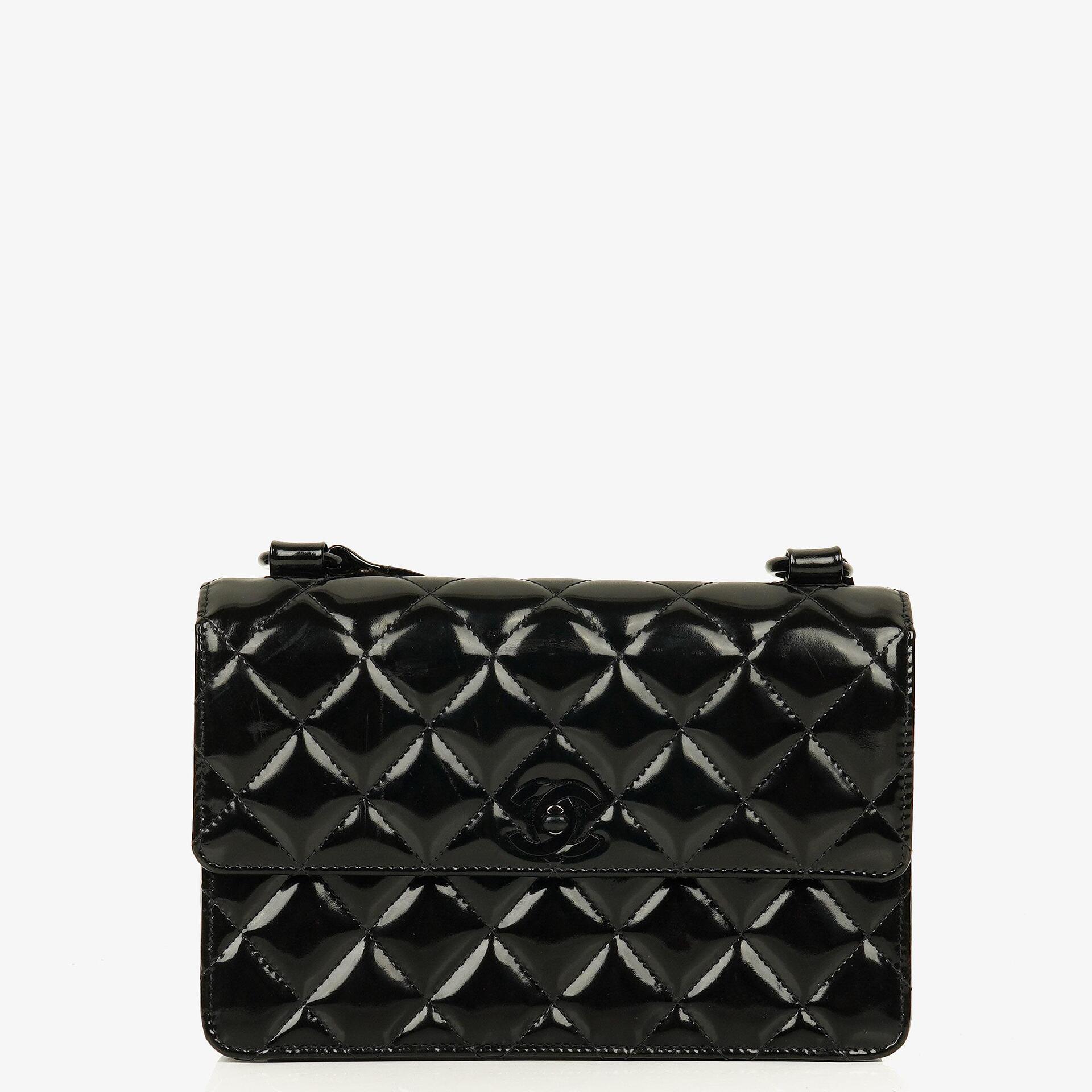 Chanel Small Single Black Quilted Patent Leather Flap Bag