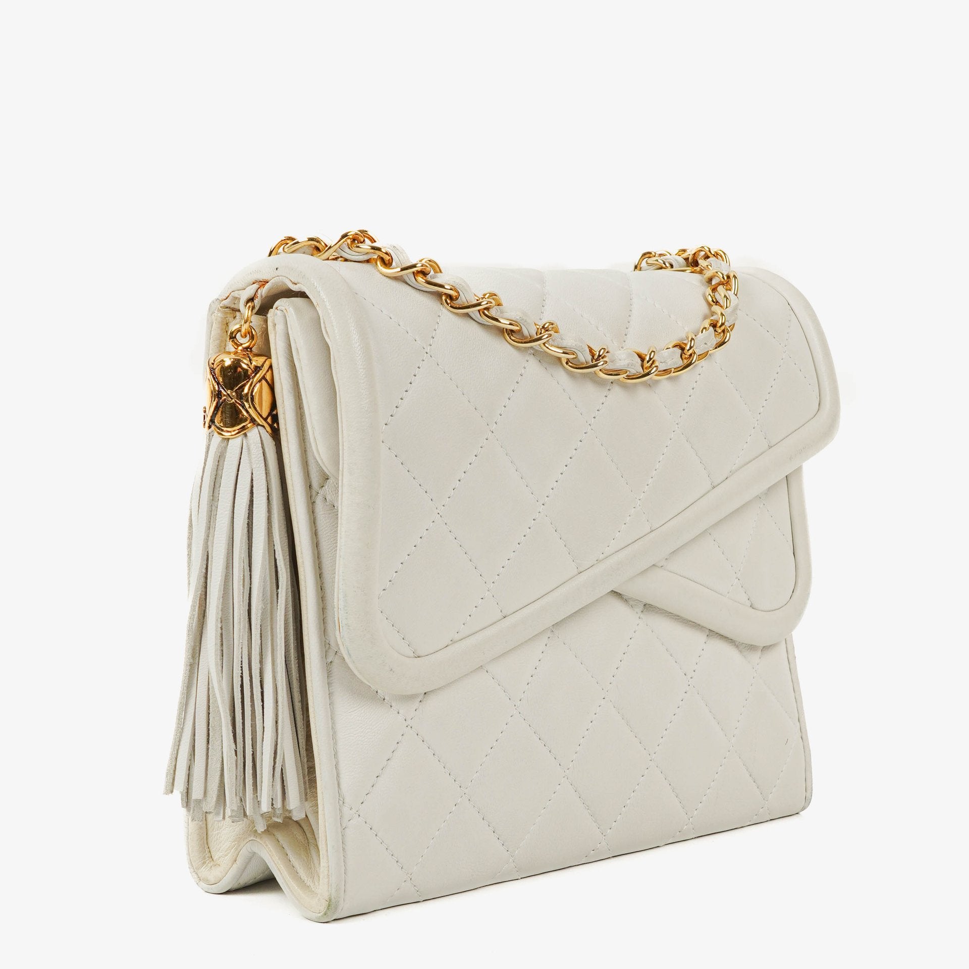 Chanel Small Tassel Flap Bag White Quilted Lambskin Bag