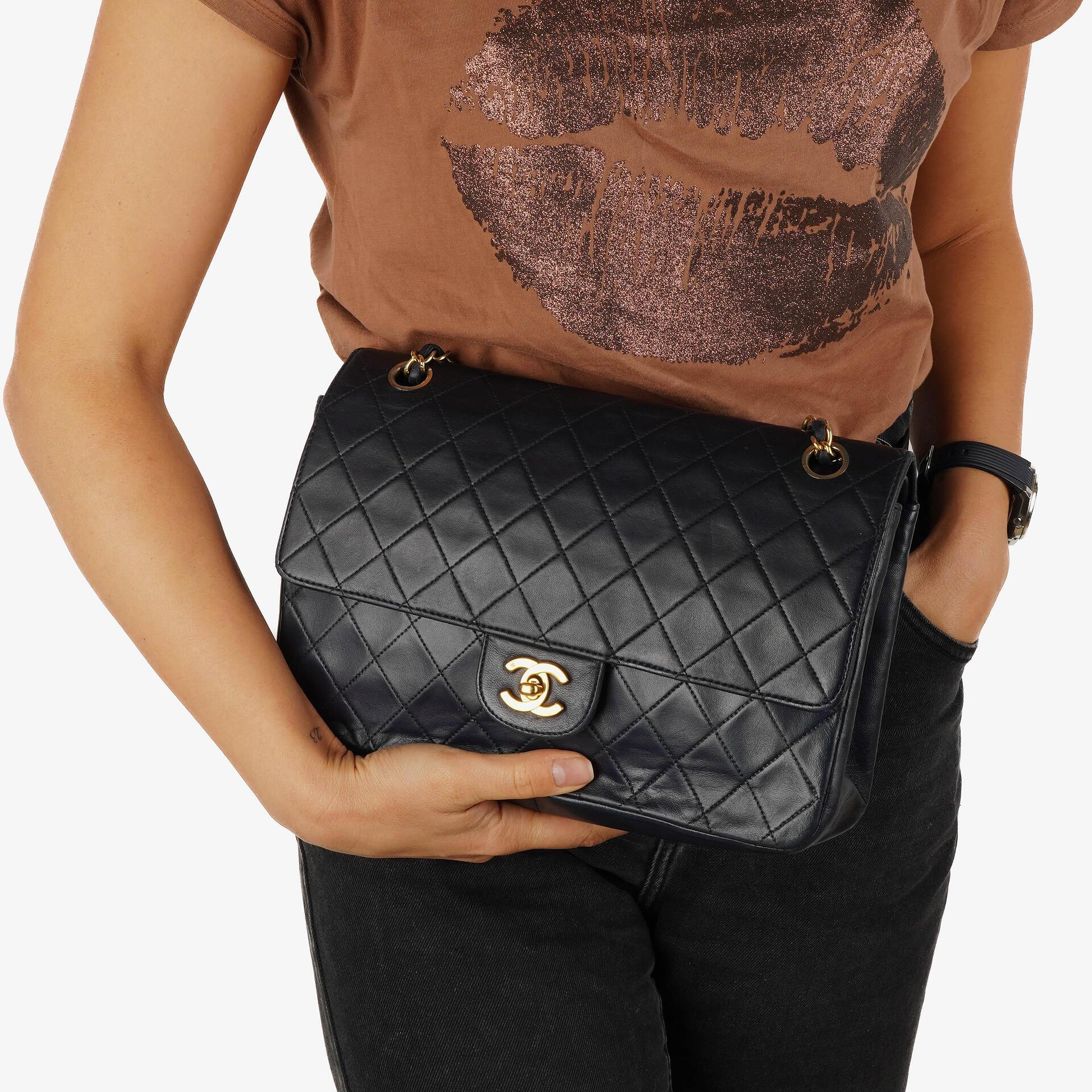 Chanel Timeless Classic Double Flap Navy Quilted Lambskin 24k Gold Plated Hardware